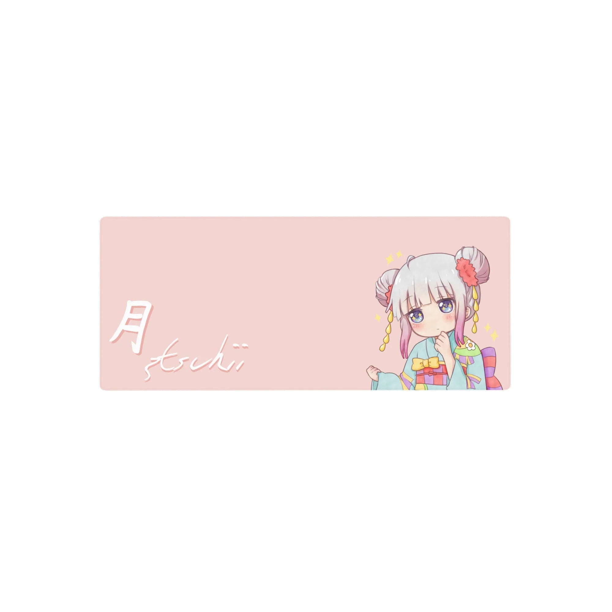 28x12 inches anime girl mouse pad with chibi kimono, Tsuki 月 script, pastel background and stars.