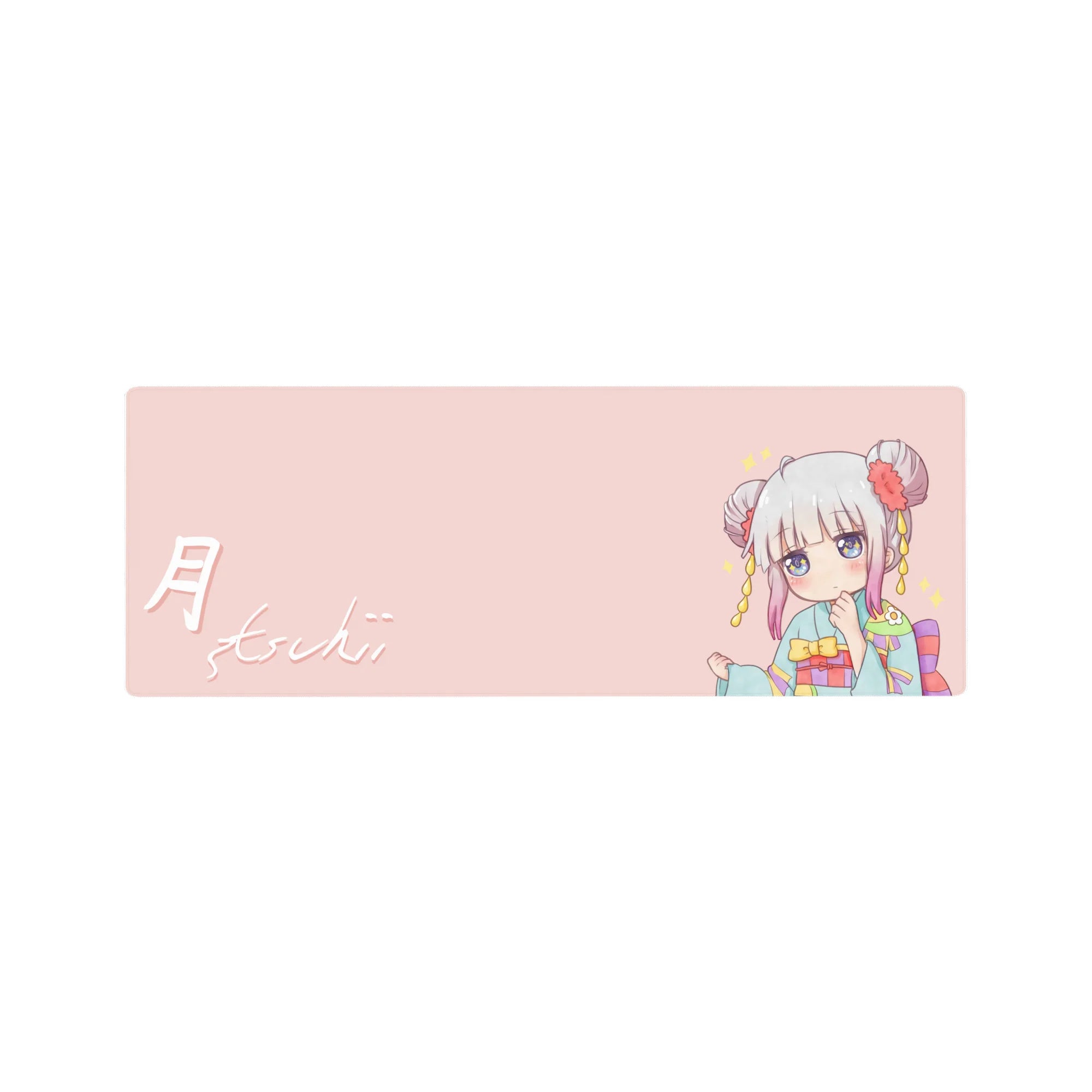 32x12 inches anime girl mouse pad with chibi kimono, Tsuki 月 lettering, stars, and pastel background.