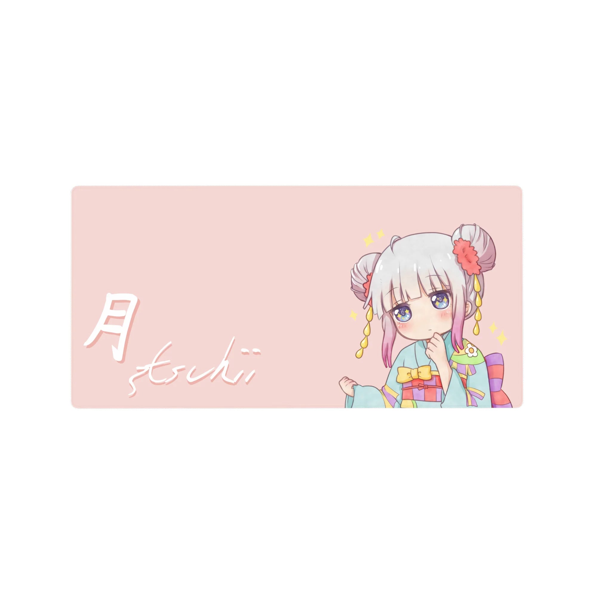 32x16 inches anime girl mouse pad with chibi kimono character, Tsuki text, stars, and cute desk mat art.