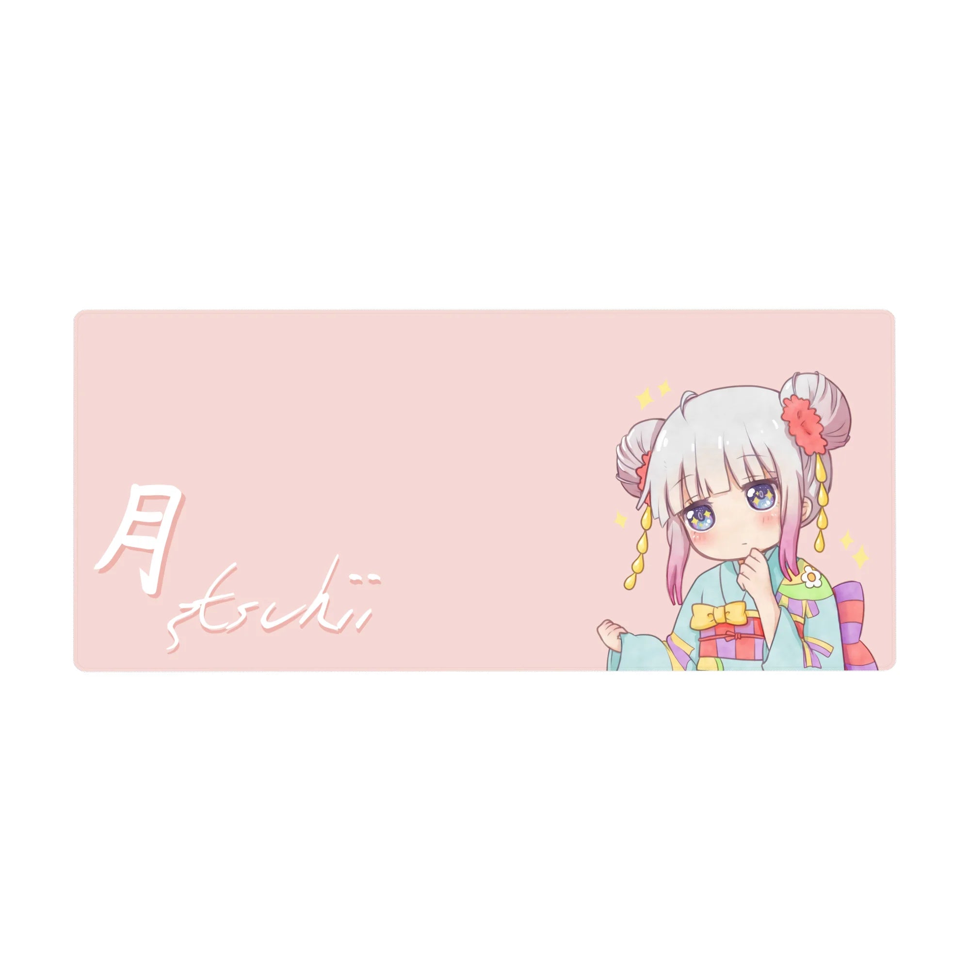 36x16 inches anime girl desk pad with chibi kimono, Tsuki 月 lettering, stars, and sparkly eyes.