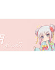 40x20 inches anime girl desk pad with chibi kimono, Tsuki 月 text, stars, and smooth mouse tracking.