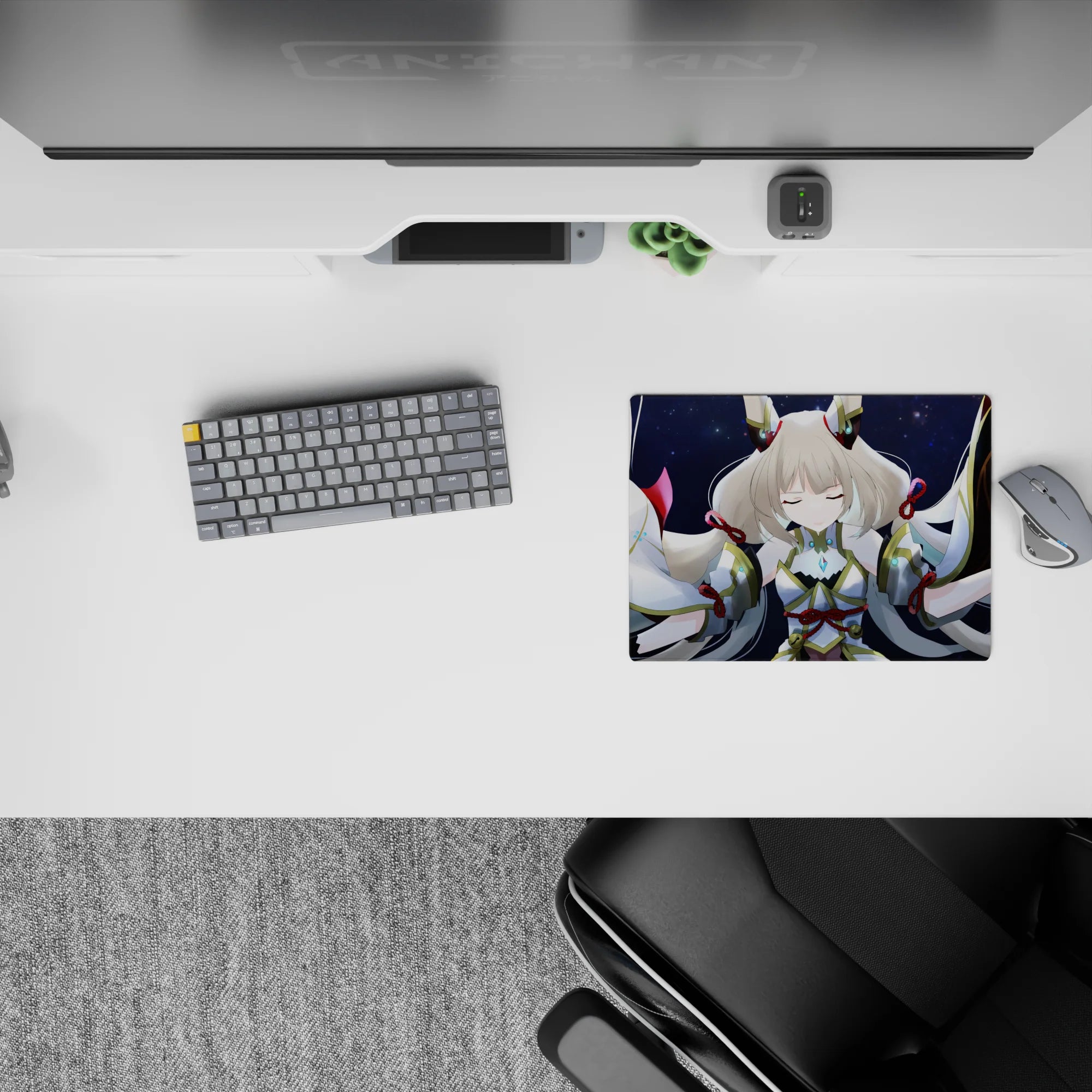 Navy starfield anime mouse pad 14x10 inches with gold trim and calming cyan gem glows.