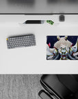 Navy starfield anime mouse pad 14x10 inches with gold trim and calming cyan gem glows.