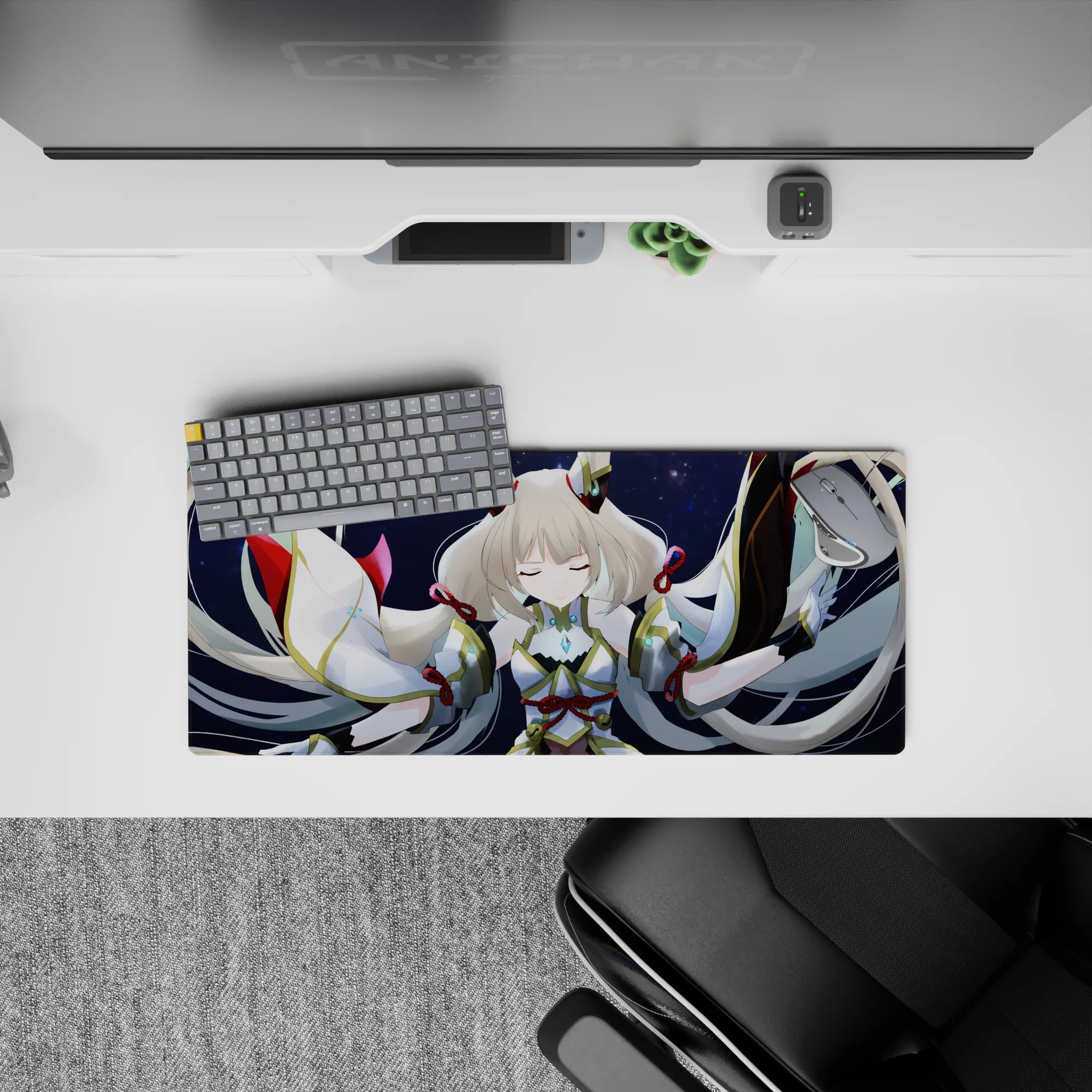 28x12 inches anime girl mouse pad in navy starfield with gold trim and soft cyan gem glow, calming mood.