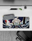 28x12 inches anime girl mouse pad in navy starfield with gold trim and soft cyan gem glow, calming mood.