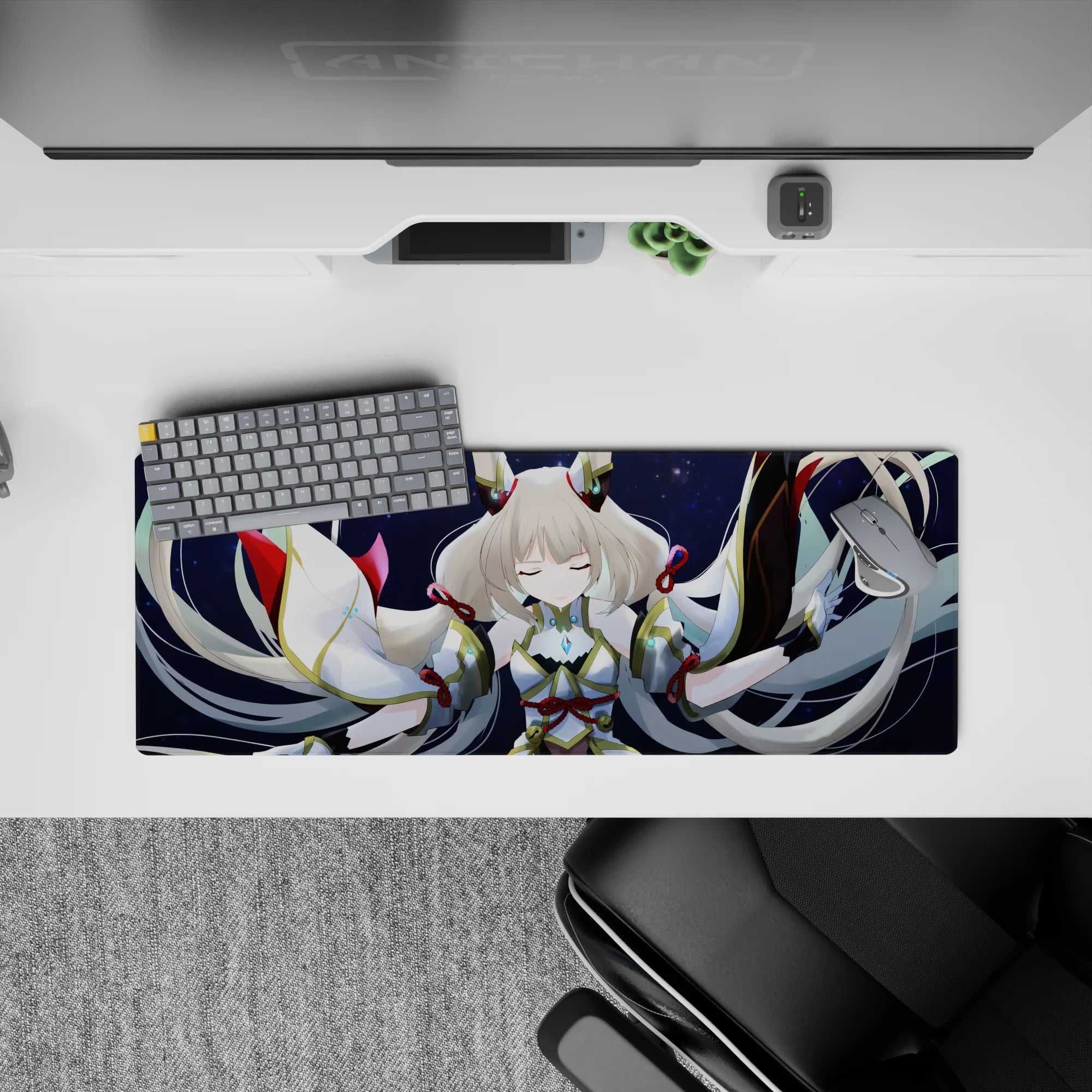 Navy starfield anime desk mat 32x12 inches with gold trim and calming cyan gem glows.