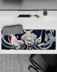 Navy starfield anime desk mat 32x12 inches with gold trim and calming cyan gem glows.