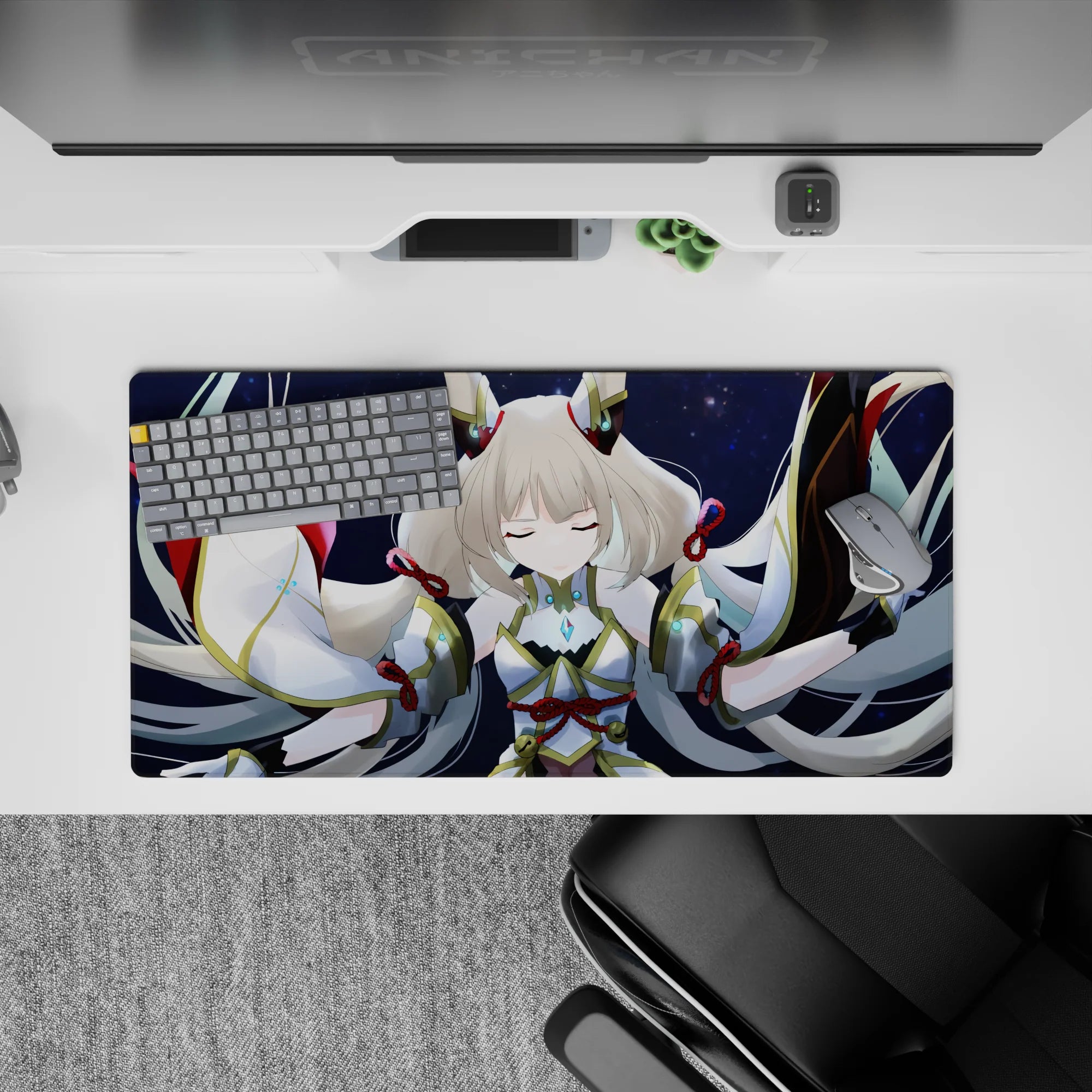 32x16 inches anime mouse pad in deep navy and gold with calming cyan gem glows and smooth glide.
