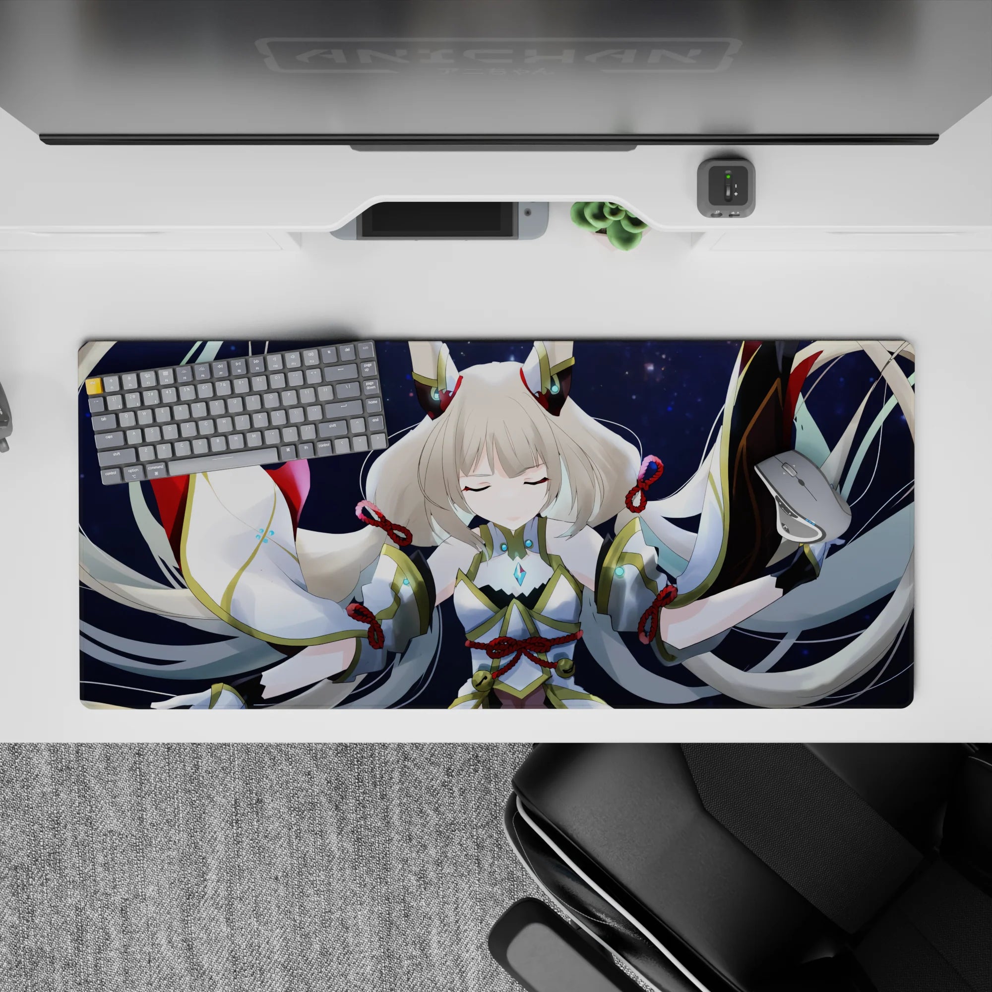 Navy starfield anime desk pad with gold trim and cyan gem glow, calming vibe, 36x16 inches.
