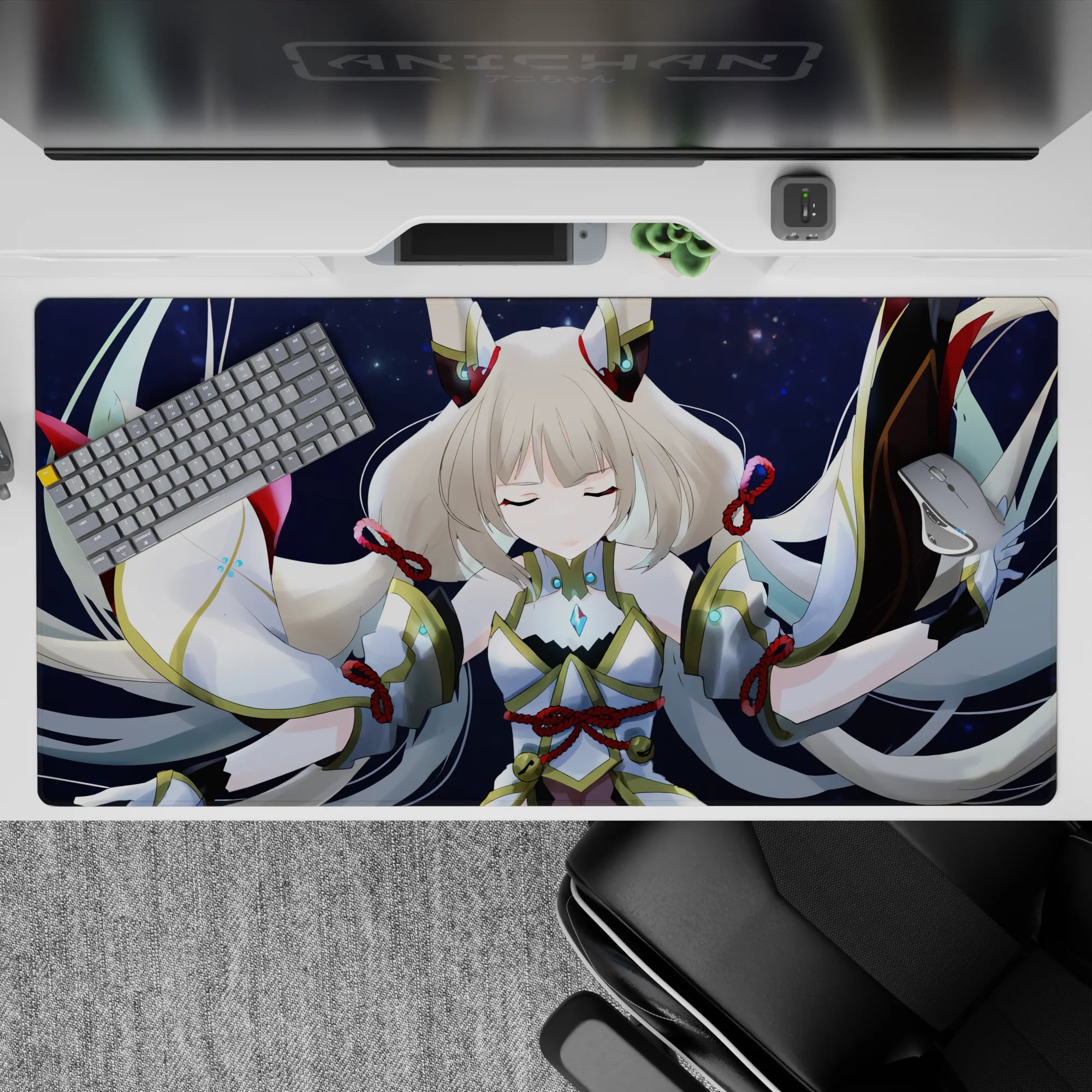40x20 inches anime desk pad in deep navy and silver with calming cyan gem glows and soft magical mood.