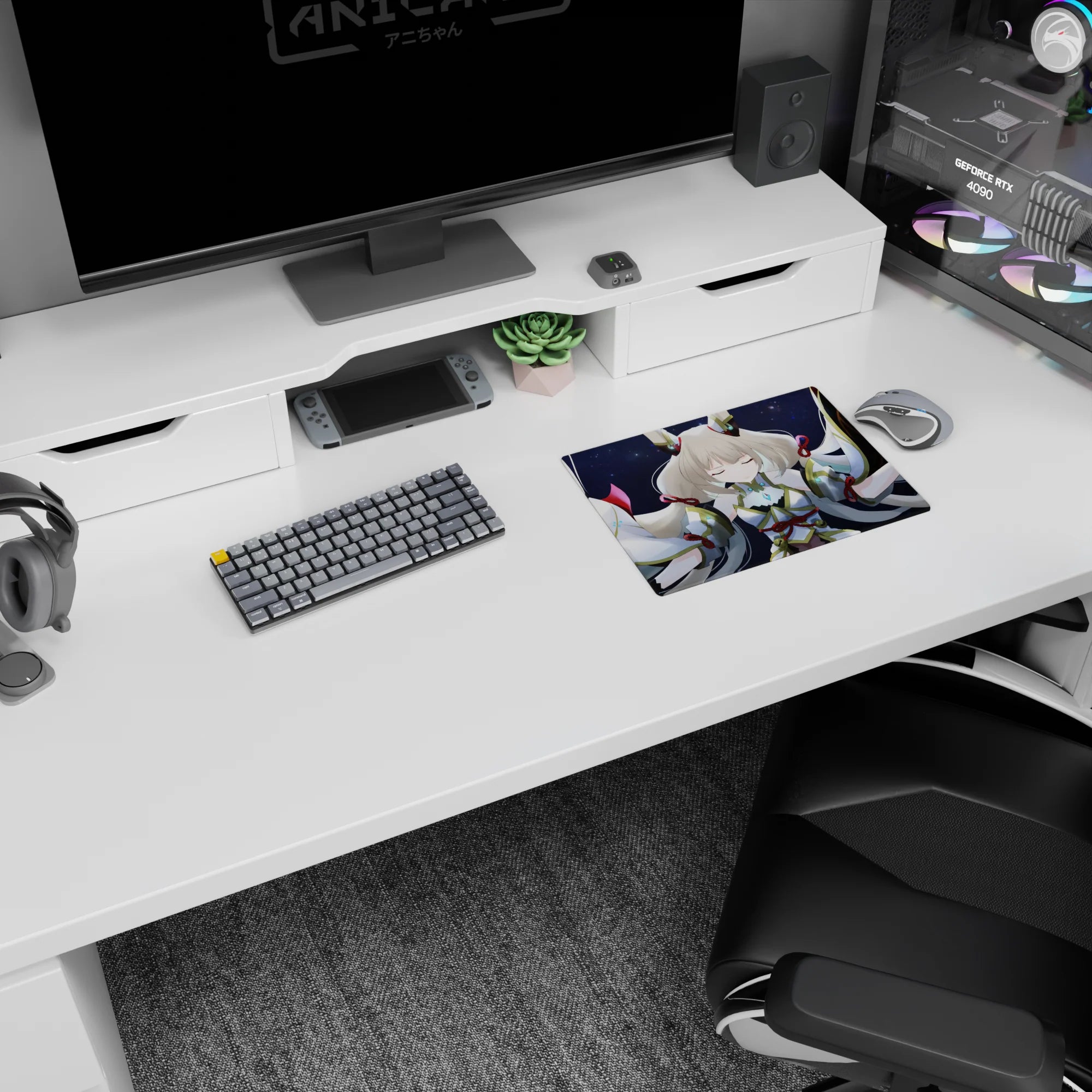 Closed-eye silver-haired anime girl on mouse pad 14x10 inches, ribbon sleeves swirling like wings.