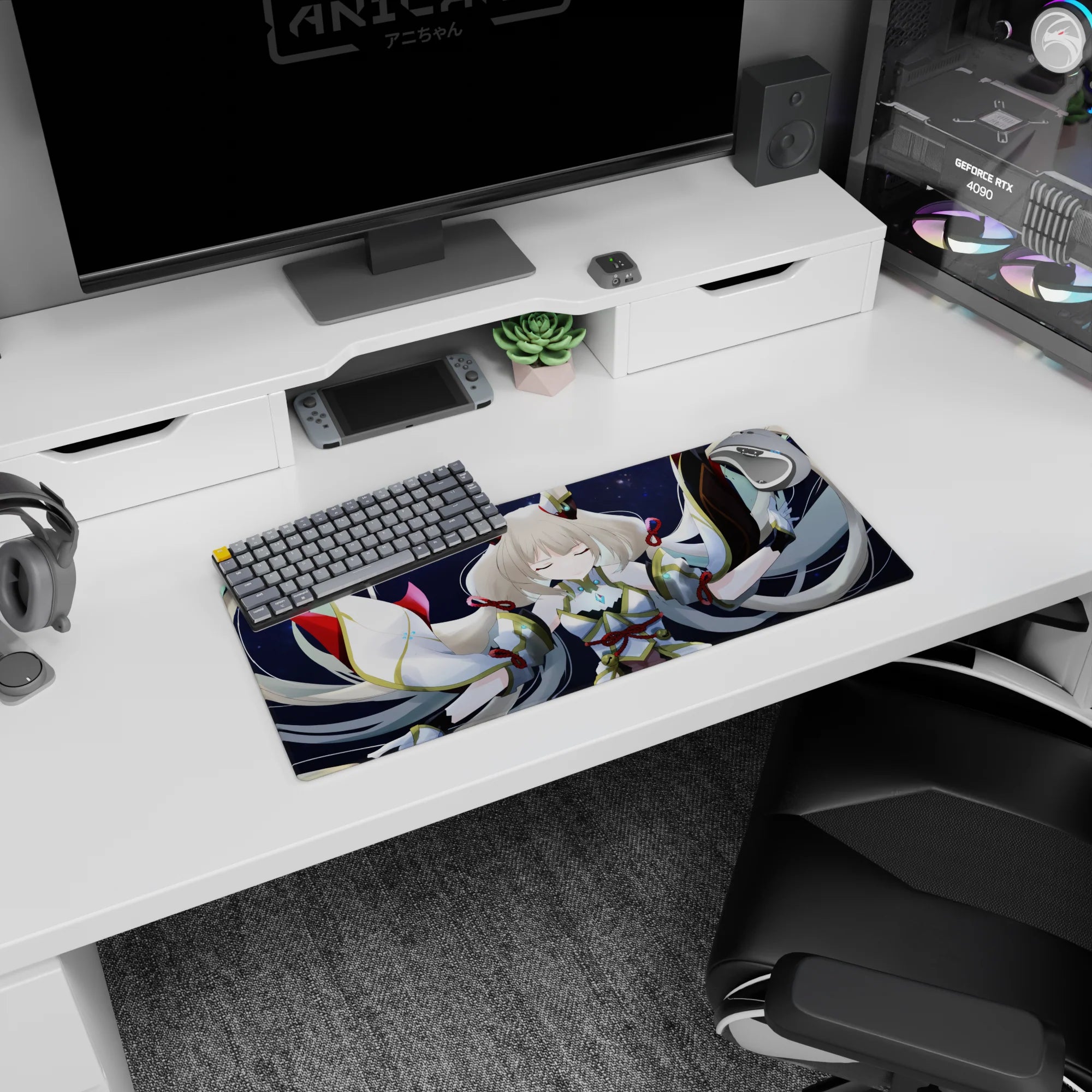 28x12 inches anime desk mat featuring a serene silver-haired girl with closed eyes amid swirling ribbons.