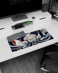 28x12 inches anime desk mat featuring a serene silver-haired girl with closed eyes amid swirling ribbons.