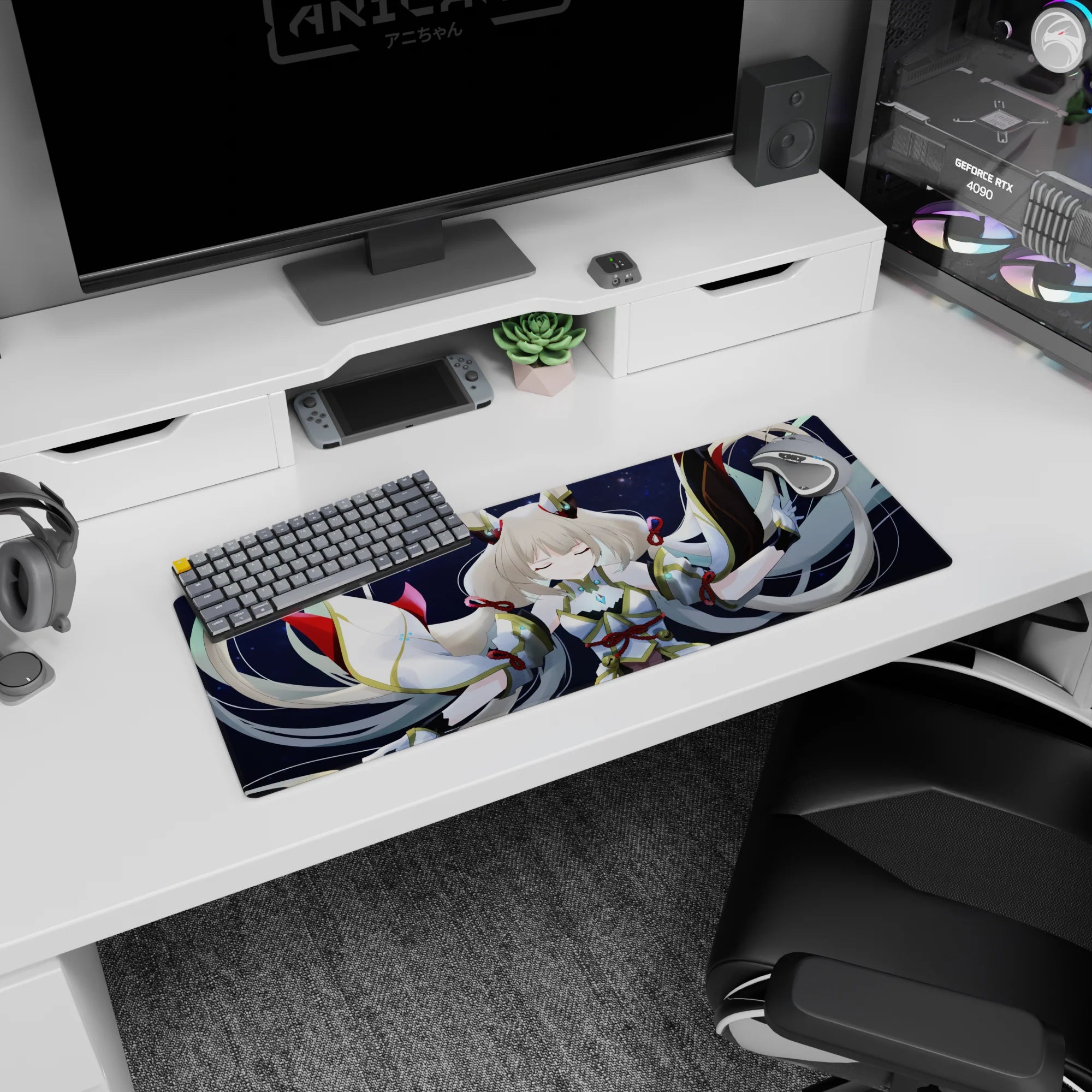 Closed-eye silver-haired anime girl over cosmic night sky mouse pad 32x12 inches, flowing sleeves.