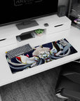 Closed-eye silver-haired anime girl over cosmic night sky mouse pad 32x12 inches, flowing sleeves.