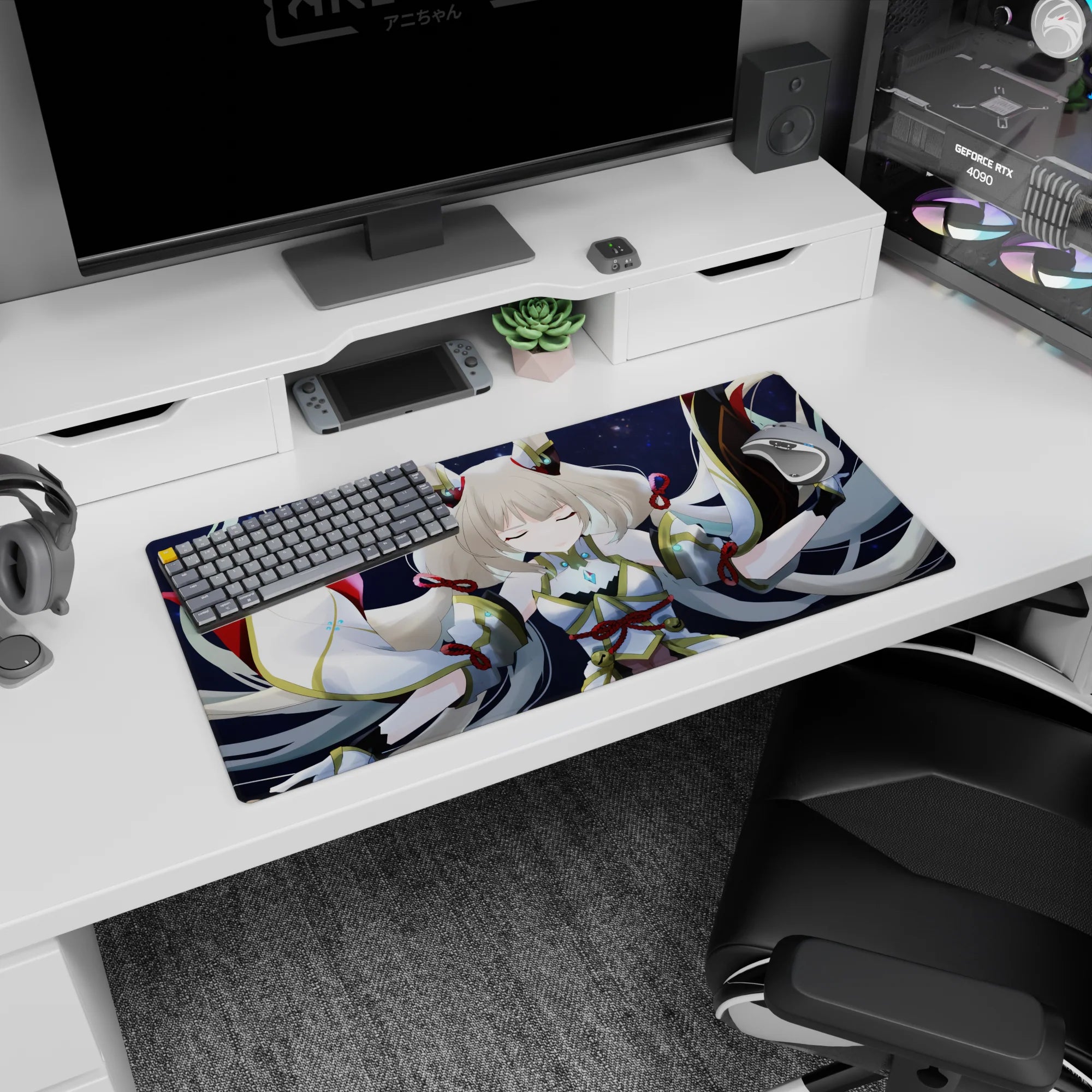 32x16 inches mouse pad showing a serene silver-haired anime girl with closed eyes over a cosmic starfield.