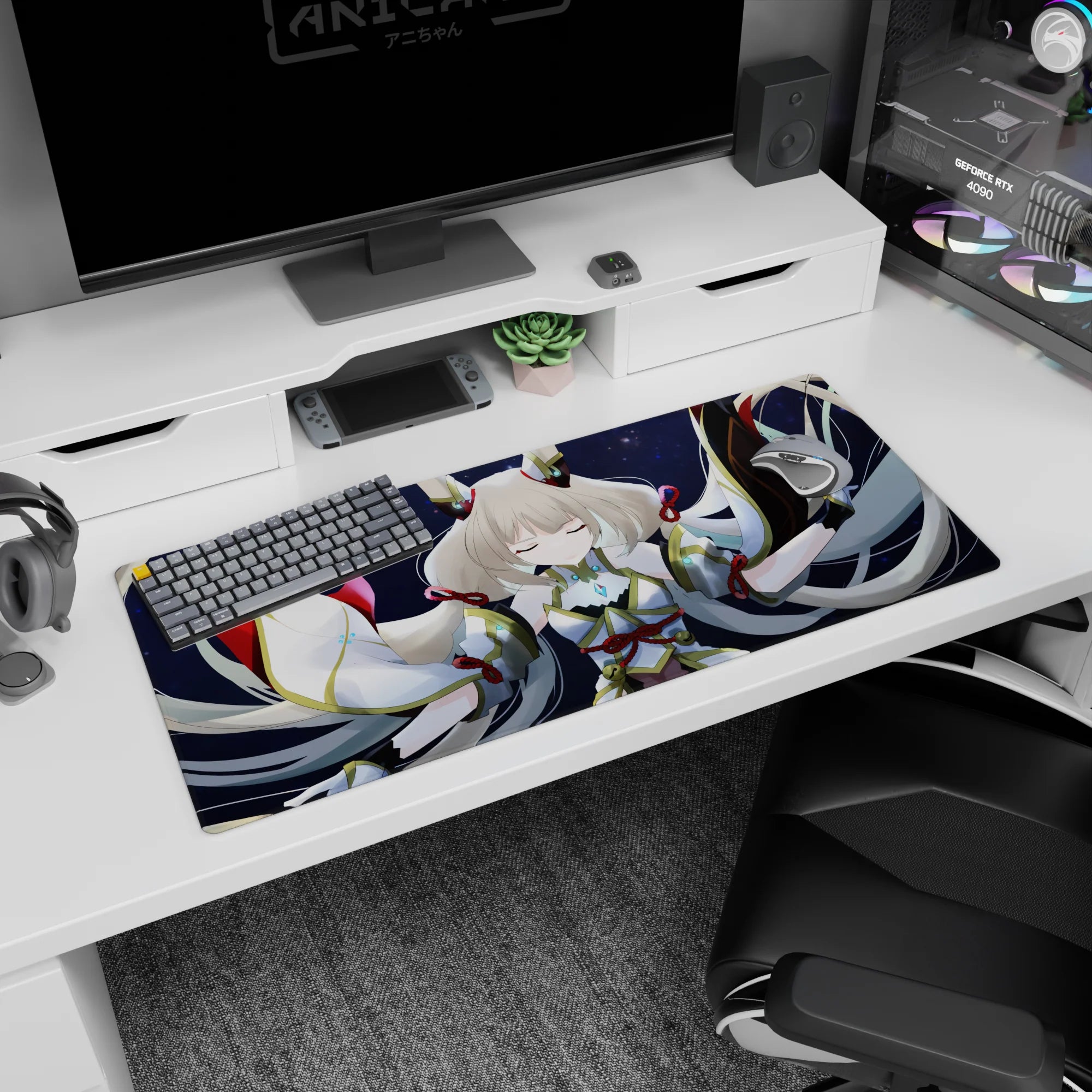 Closed-eyed silver-haired anime girl over deep night-sky backdrop desk pad, 36x16 inches.