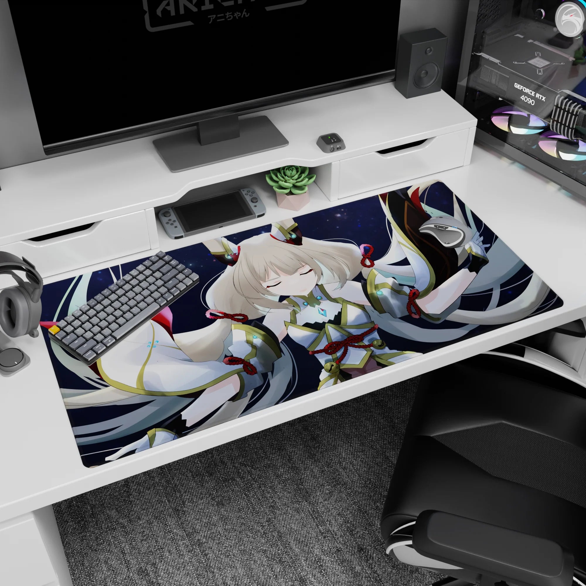 40x20 inches desk pad featuring a silver-haired anime girl with closed eyes, ribboned sleeves over stars.
