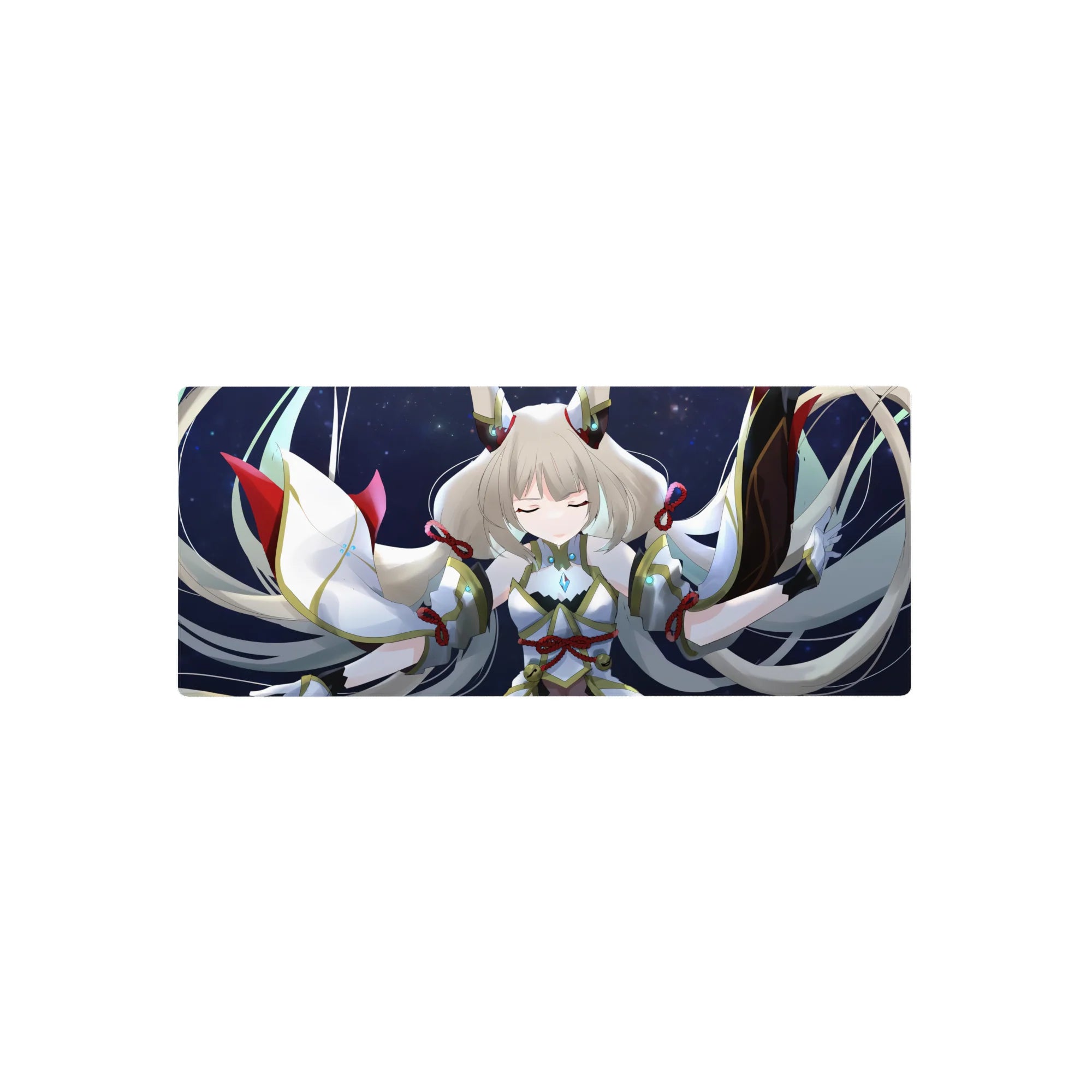 28x12 inches anime girl mouse pad with celestial guardian art, silver hair and wing-like ribbon sleeves.