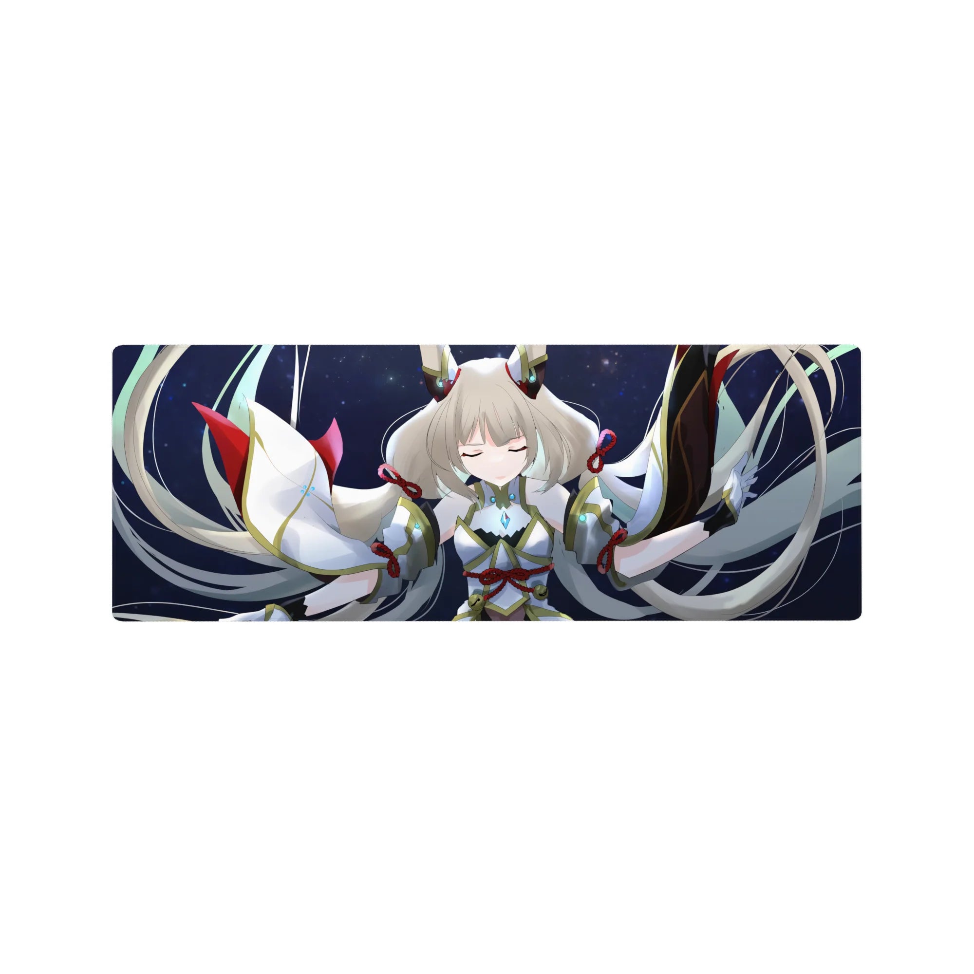 Celestial guardian anime girl mouse pad 32x12 inches with silver hair and wing-like ribbon sleeves.