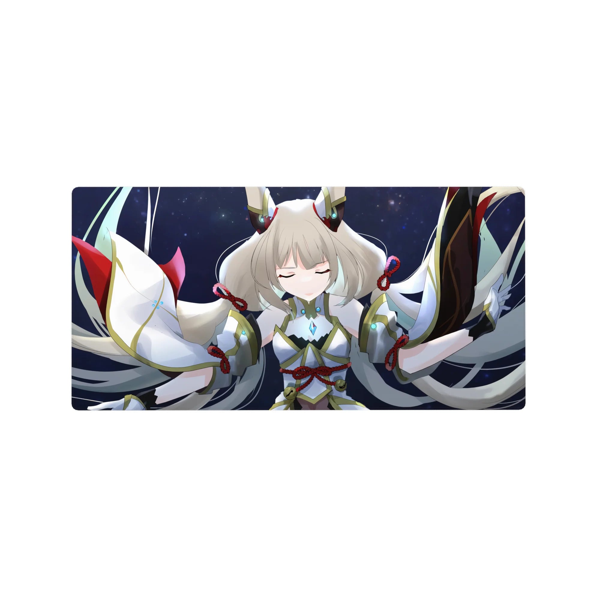 32x16 inches anime girl mouse pad with silver-haired celestial guardian and ribboned wing sleeves on starry navy.