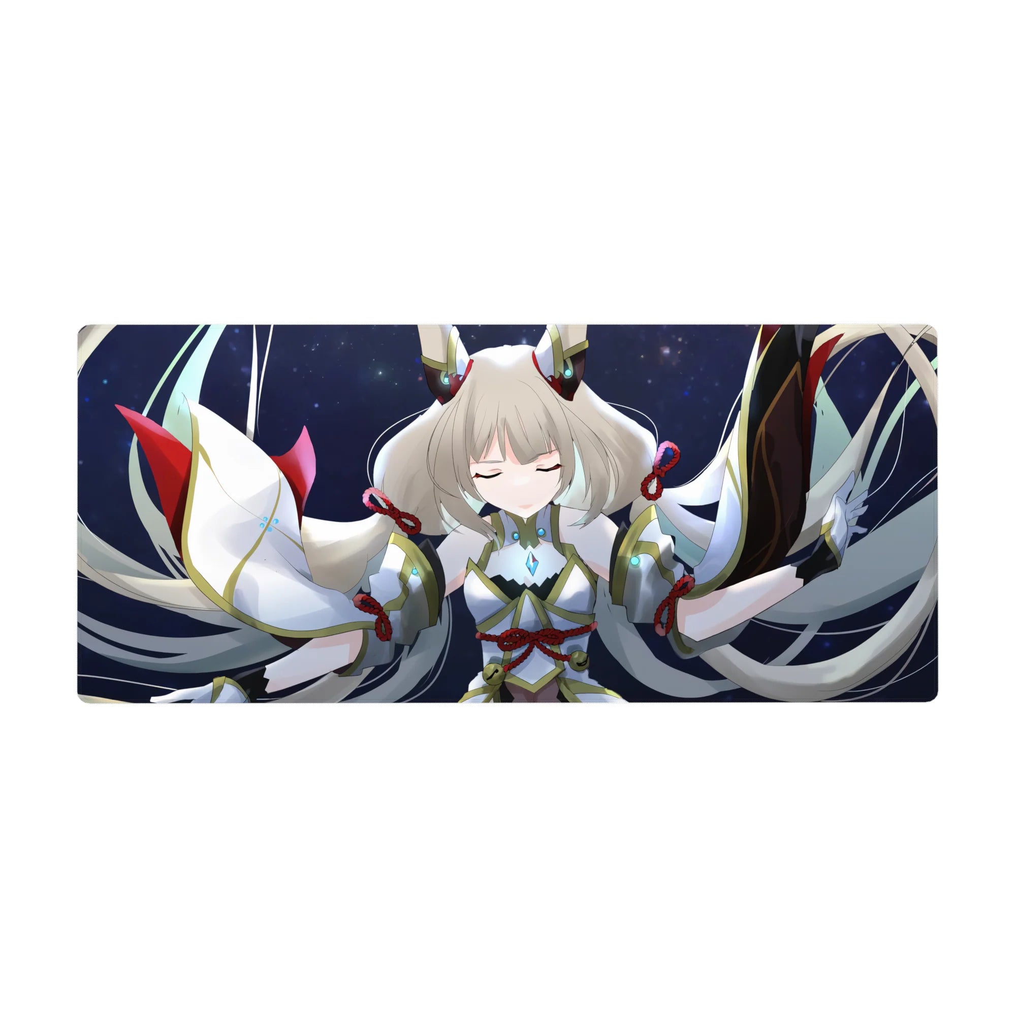Celestial guardian anime girl desk pad with silver hair and ribboned wing sleeves, 36x16 inches.