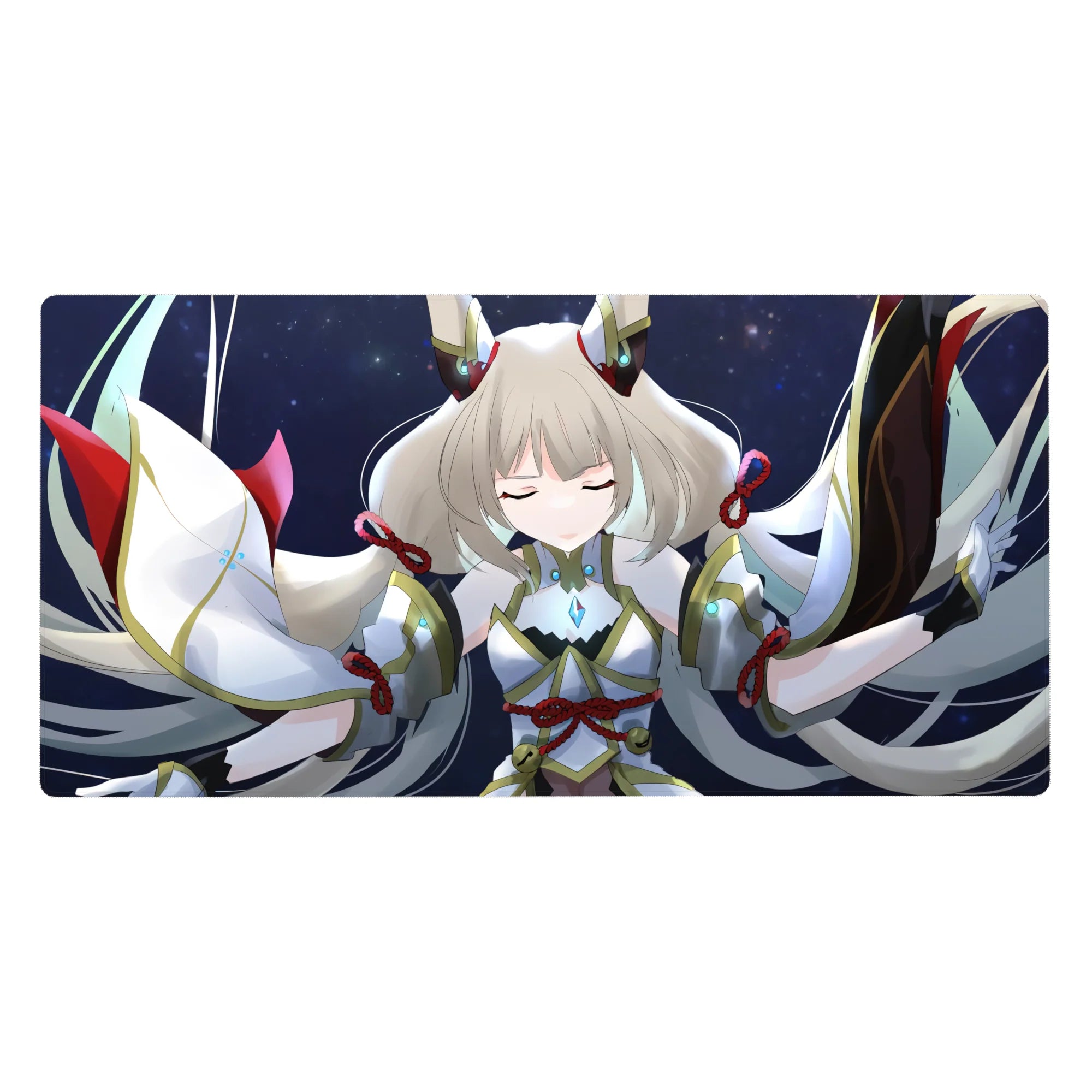 Anime girl desk pad 40x20 inches with celestial guardian art, wing-like sleeves, navy starfield, gold trim.