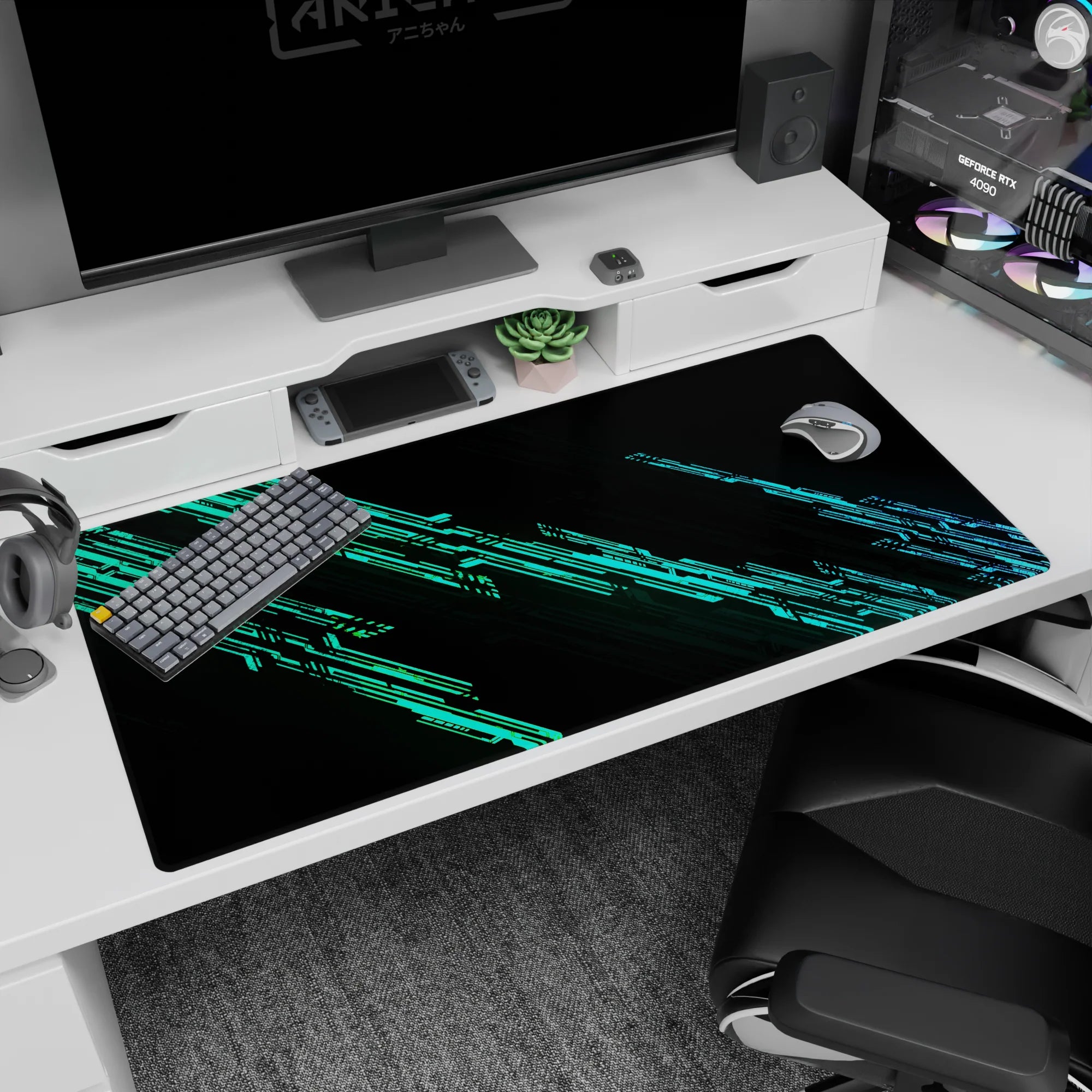 Abstract Deskmat | Mousepad | Deskpad - Neon Data Surge - AniChan