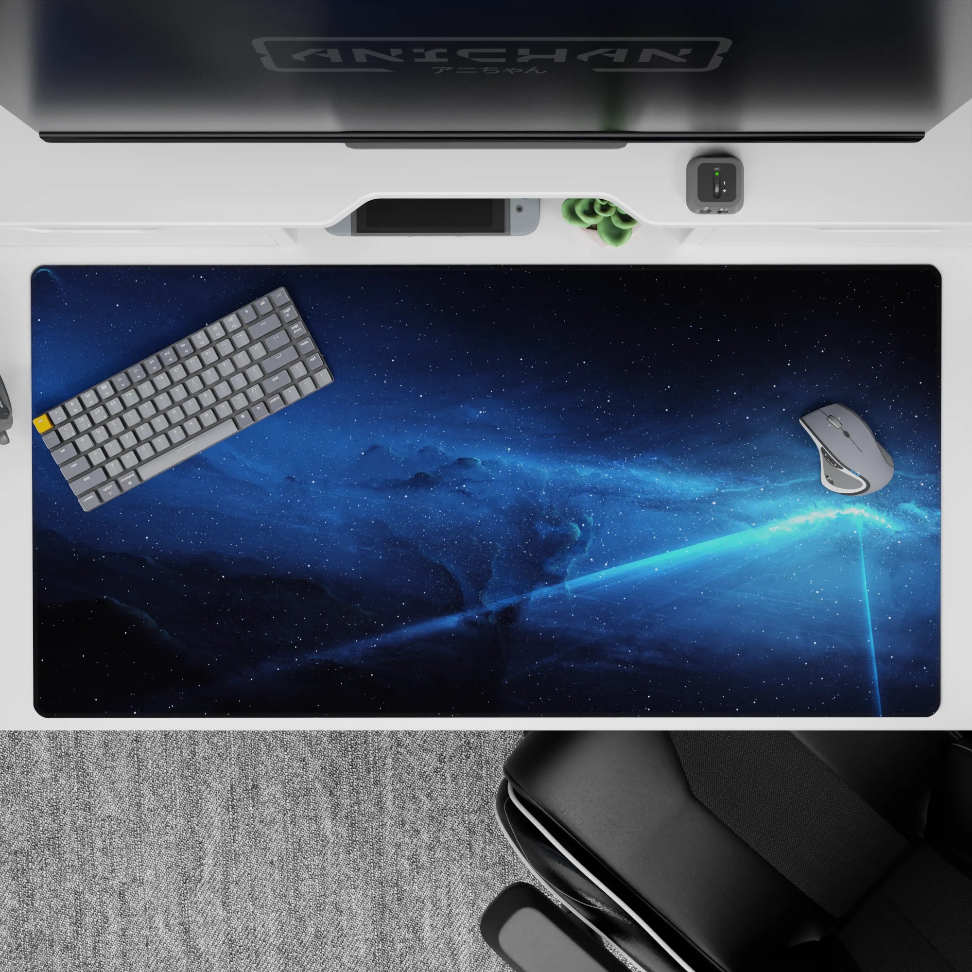 Midnight blue calming desk pad with soft nebula haze and starlight, 40x20 inches.