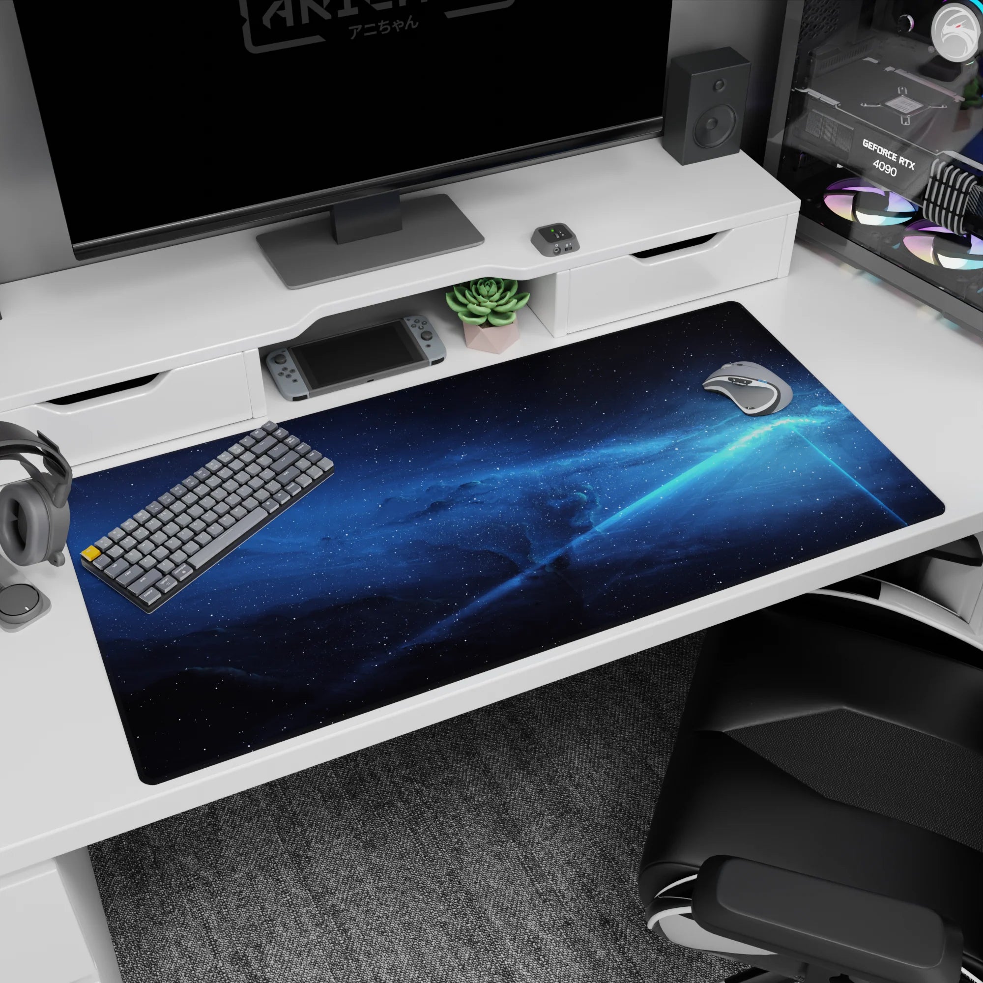 Cyan light beam slicing a drifting space starfield on desk pad, 40x20 inches.