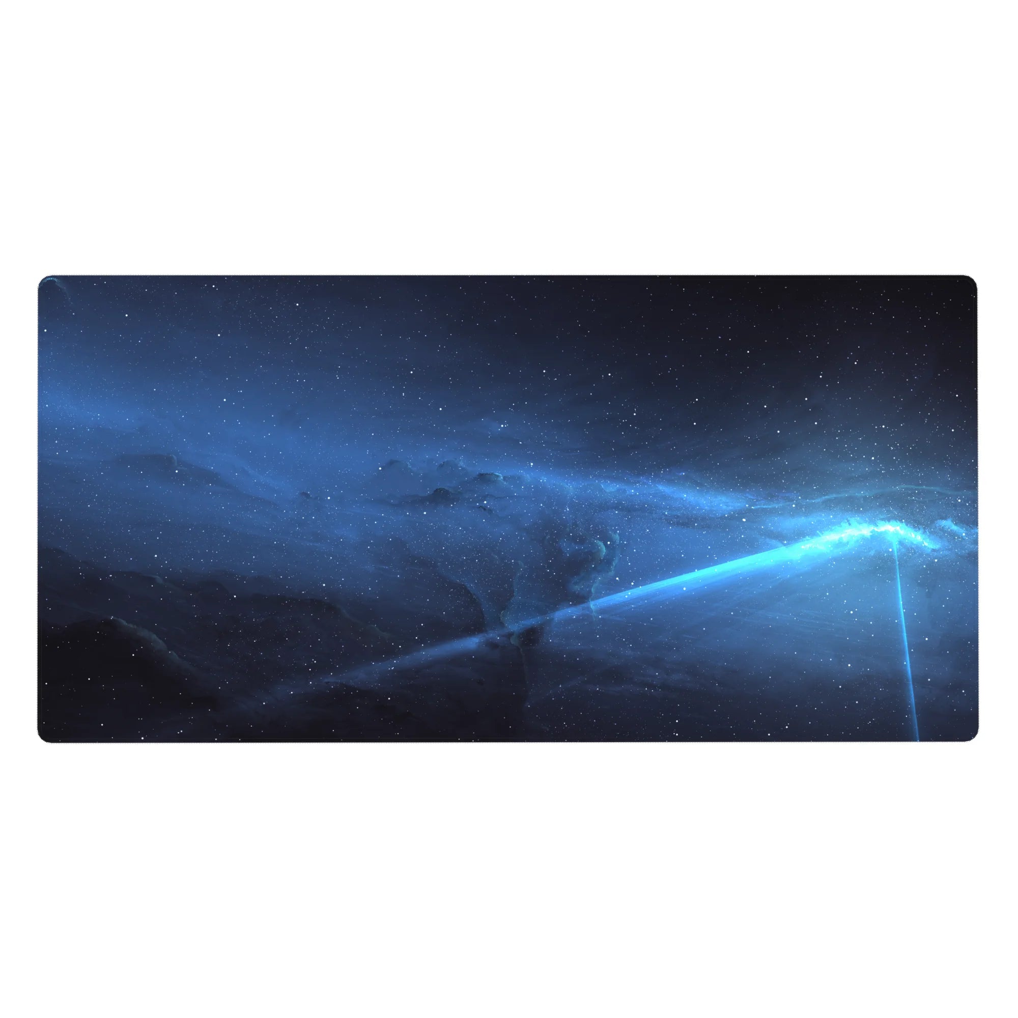 Starfield nebula desk pad with cyan beam glow, 40x20 inches.