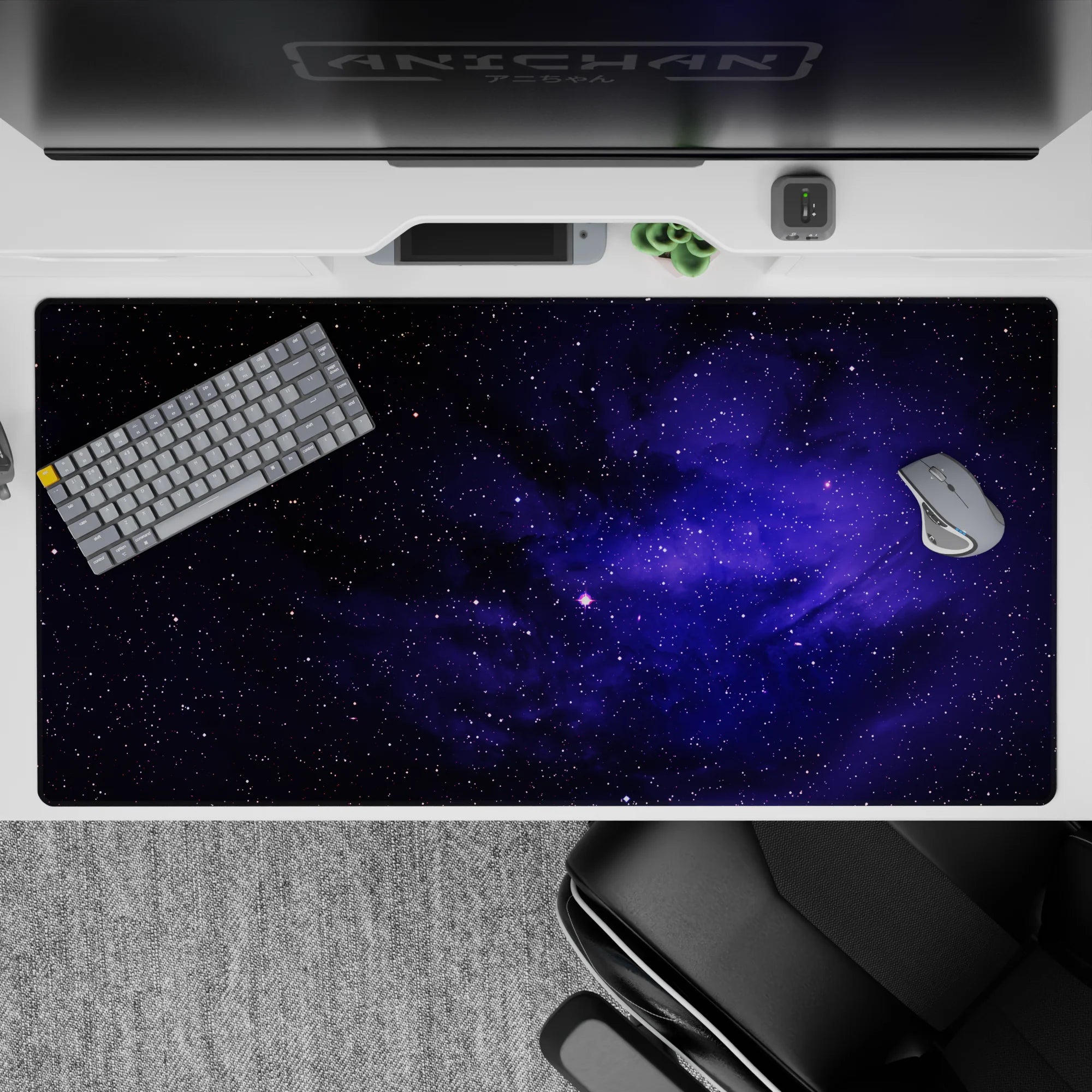 Calm dramatic desk pad 40x20 inches in inky black, velvety violet, and electric indigo for night vibes.