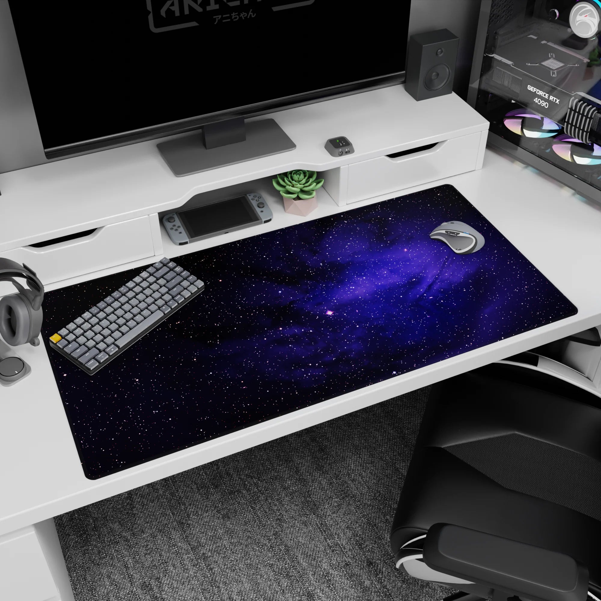 Space window desk pad 40x20 inches featuring swirling purple nebula clouds with tiny stars across the surface.