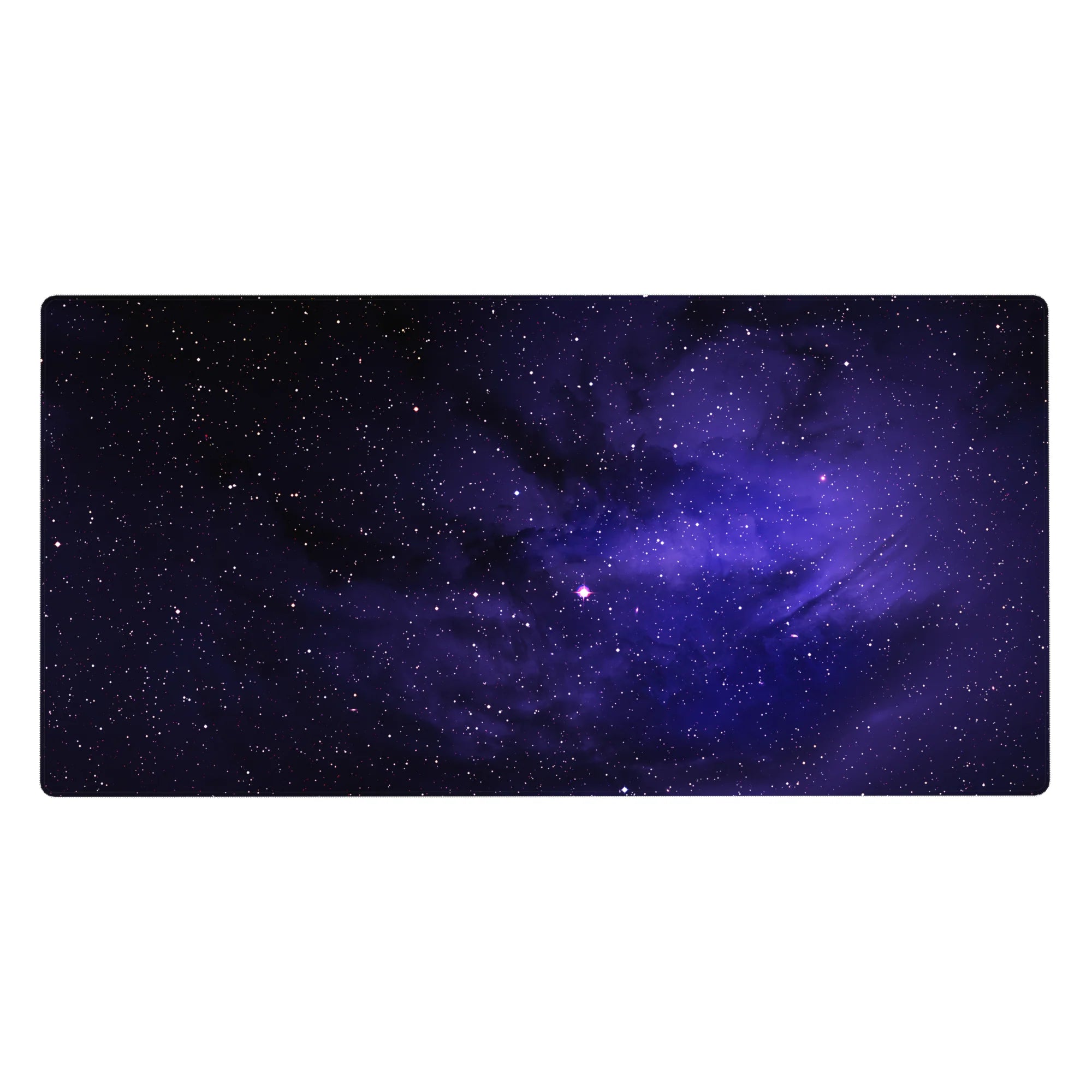 Midnight galaxy desk pad 40x20 inches with star-speckled nebula swirl design for a cosmic desk setup.