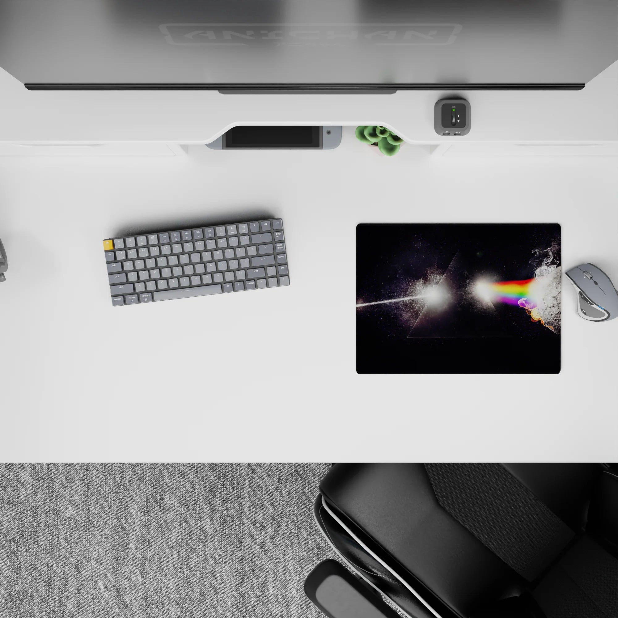 Moody 14x10 inches mouse pad in deep black with rainbow light bands and soft smoky glow edges.