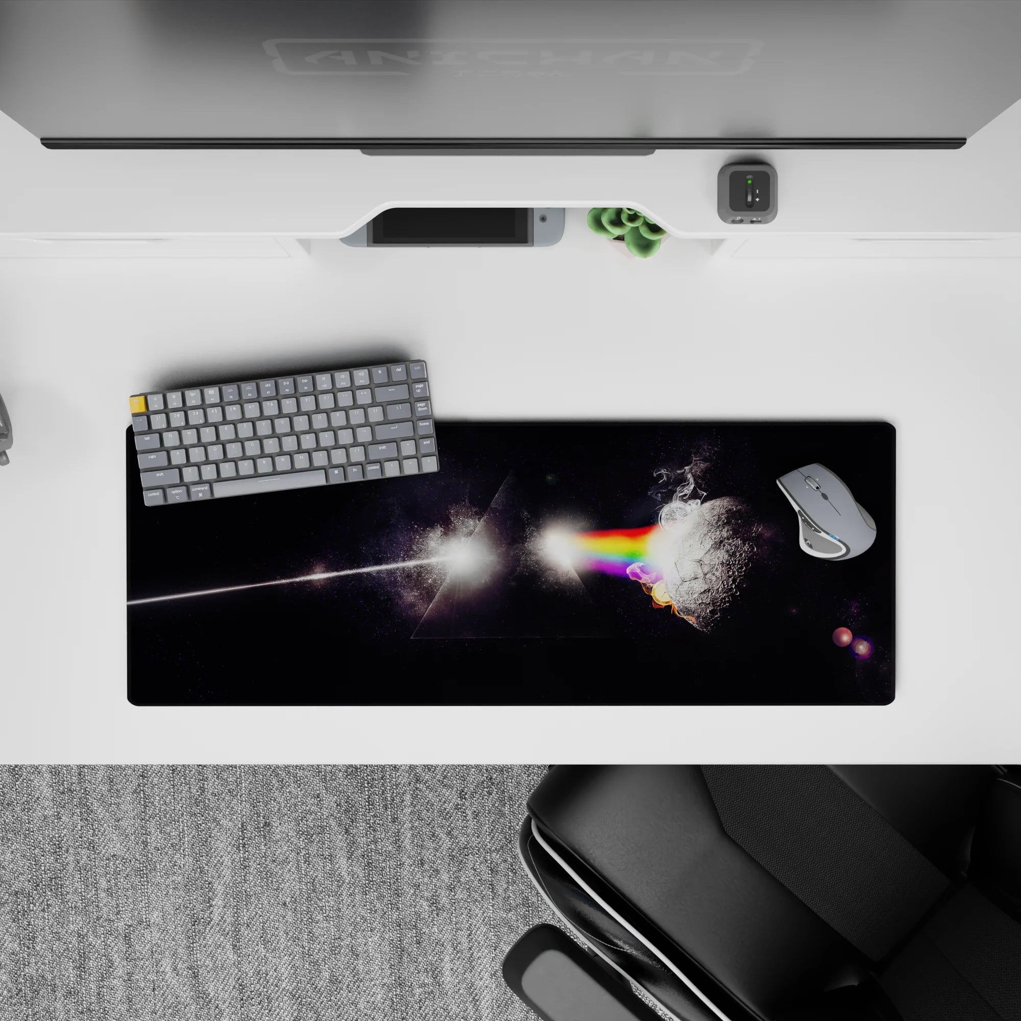 Moody rainbow sci-fi desk pad mouse pad 32x12 inches in deep black with smoky prism light bands.
