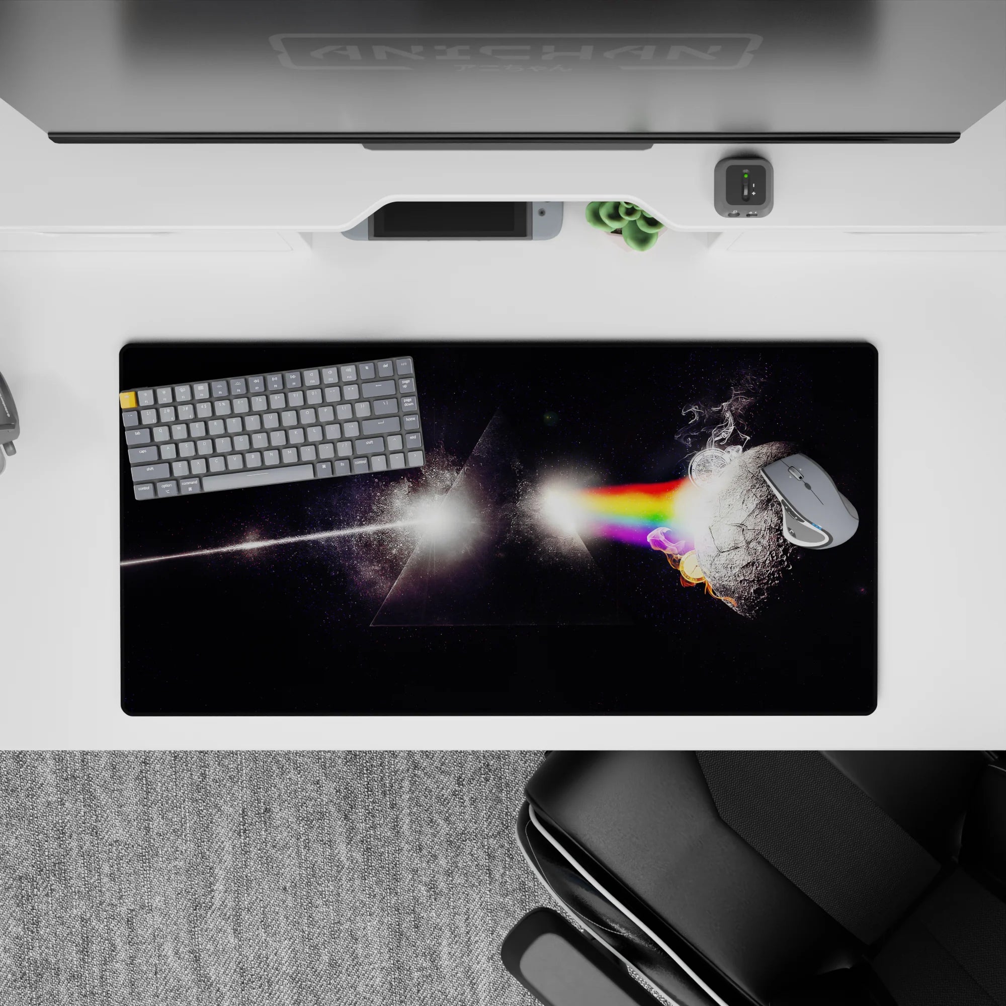Moody rainbow glow mouse pad 32x16 inches in deep black space tones with soft smoky prism edges.