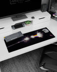 Cracked moon and prism light slicing space mouse pad 32x12 inches, rainbow beam over dark triangle.