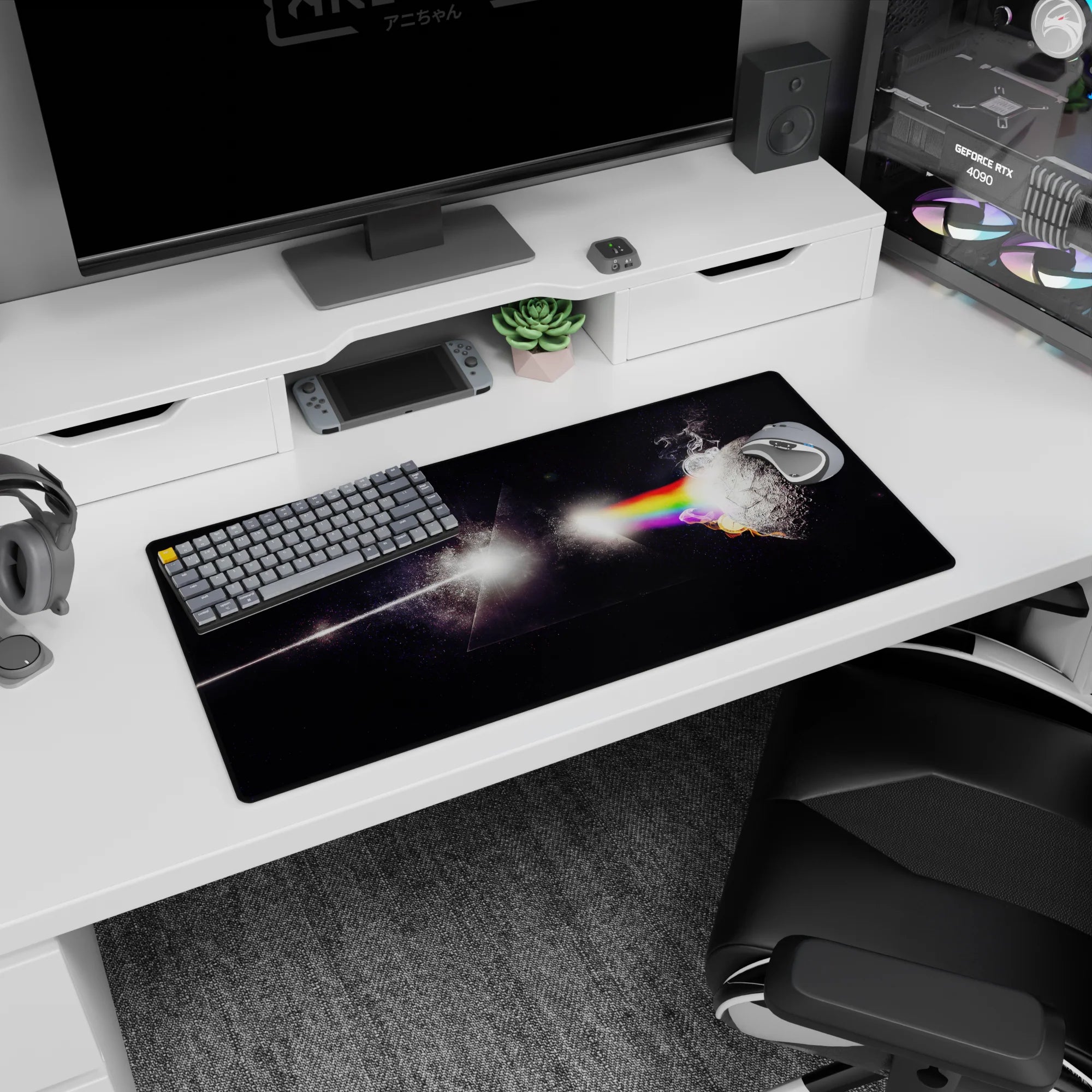 Prism light slicing space mouse pad 32x16 inches, shining from a dark triangle onto a cracked moon.