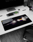 Prism light slicing space mouse pad 32x16 inches, shining from a dark triangle onto a cracked moon.