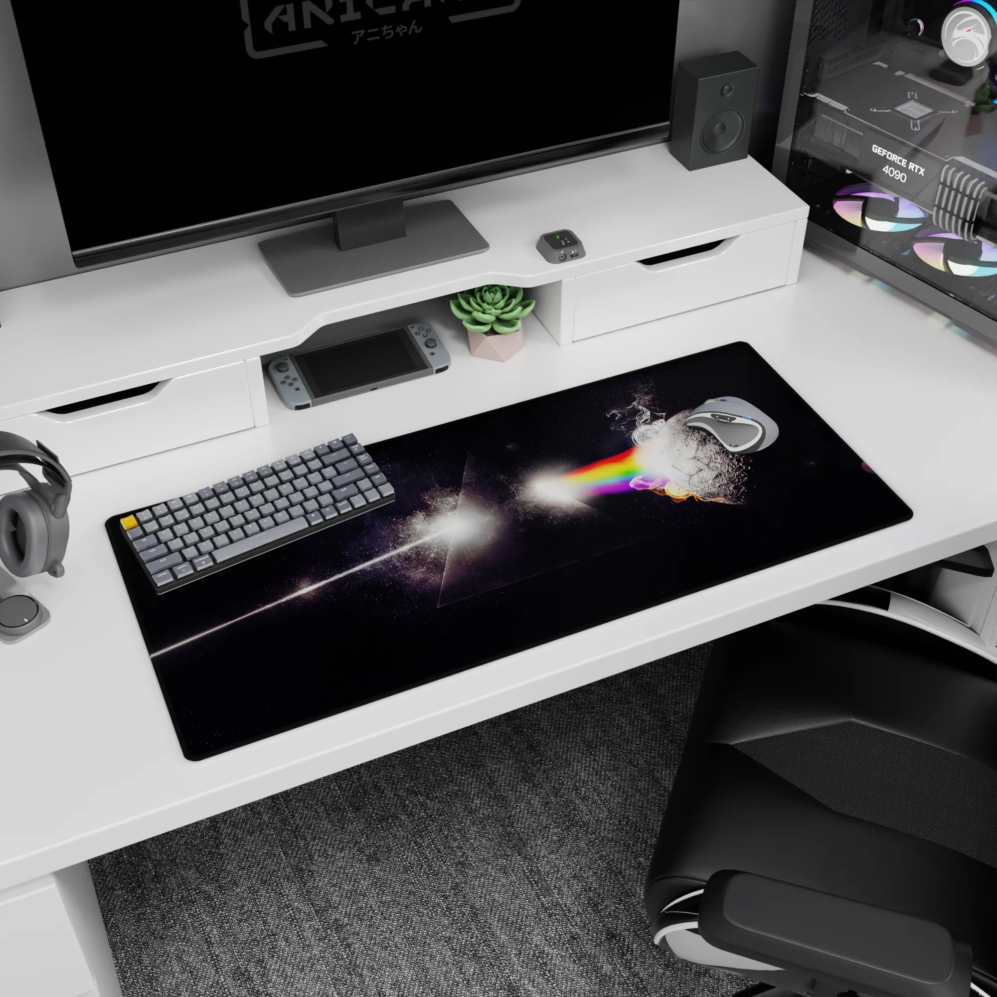 Cracked moon lit by a prism rainbow beam on a dark triangle desk pad 36x16 inches in space.