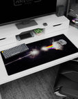 Cracked moon lit by a prism rainbow beam on a dark triangle desk pad 36x16 inches in space.