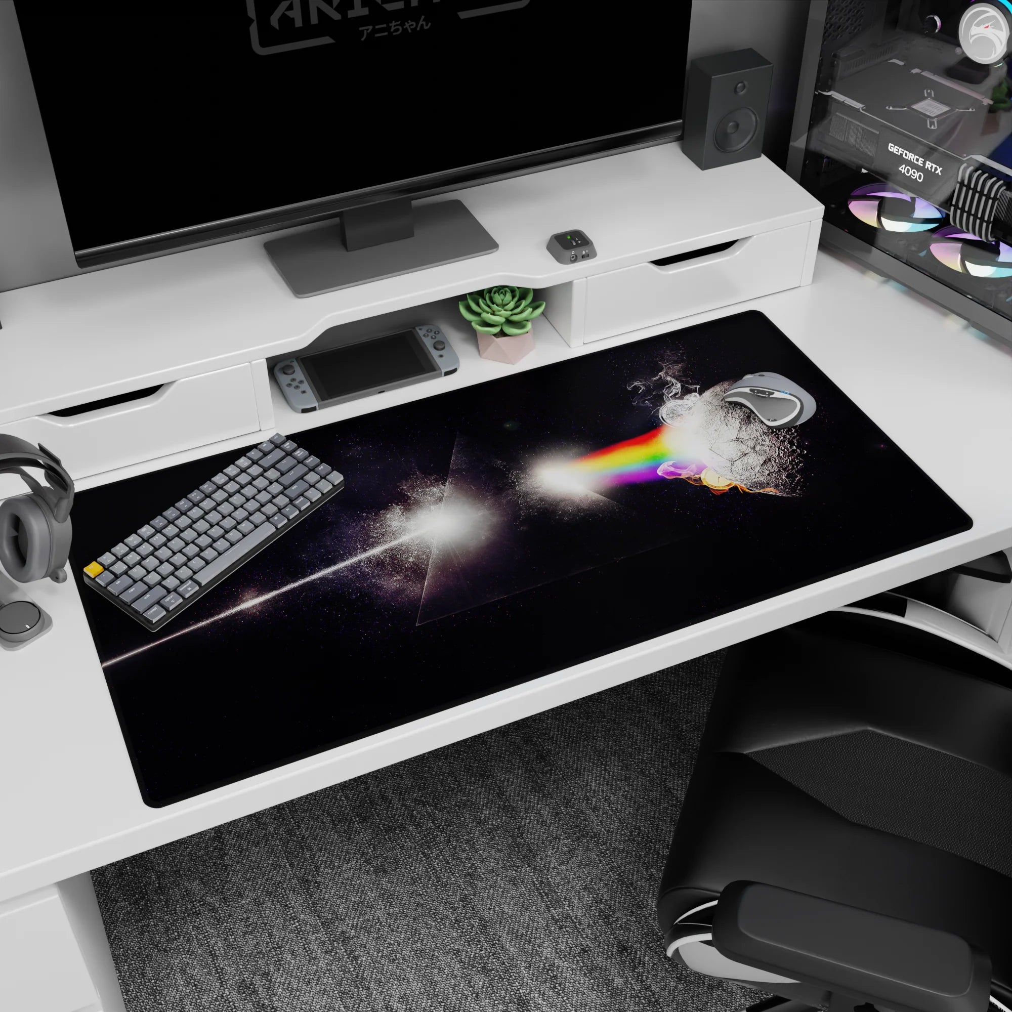 Cracked moon lit by a prism rainbow beam over a shadowy triangle desk pad 40x20 inches.