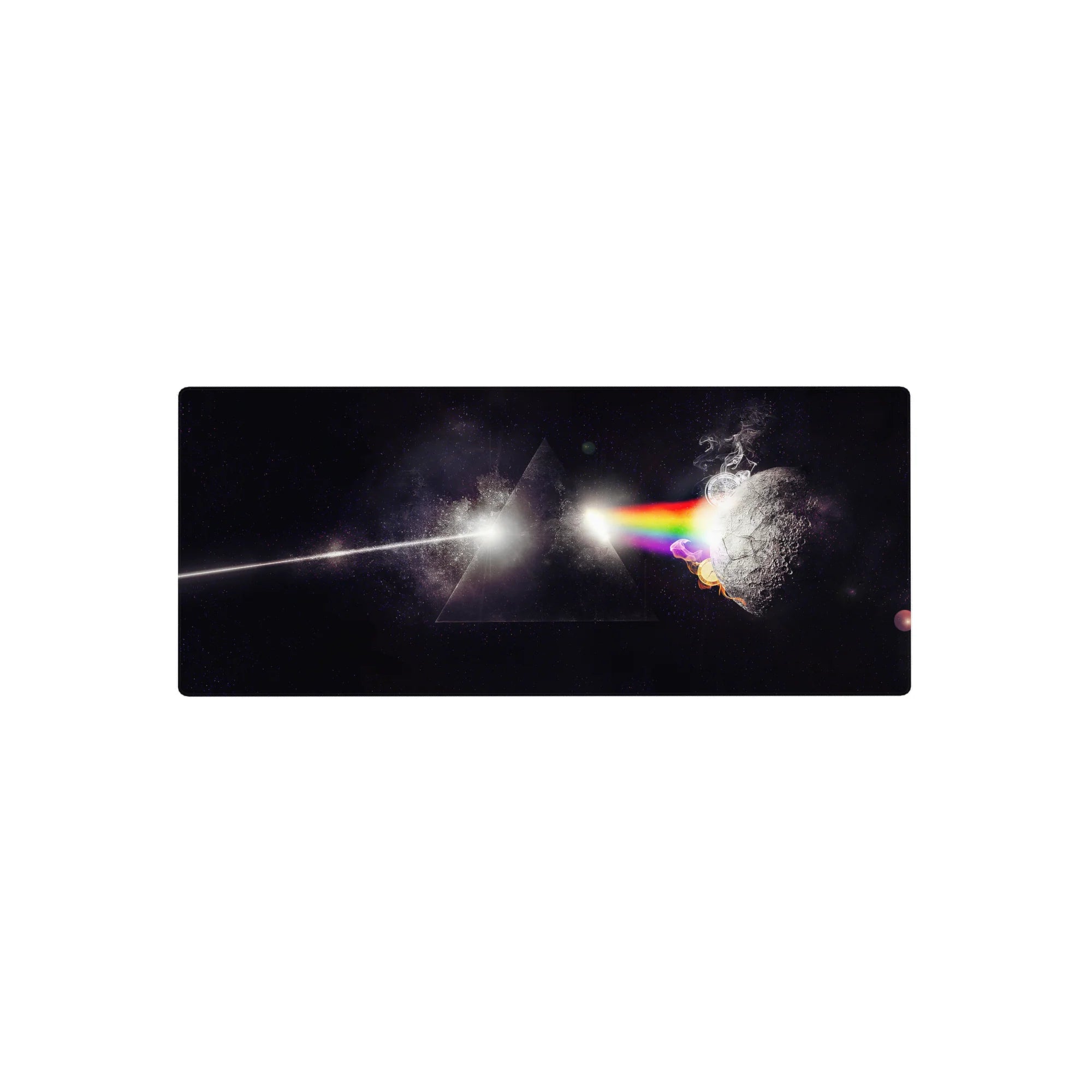 Space prism beam sci-fi mouse pad 28x12 inches with dark triangle, cracked moon, and starscape.