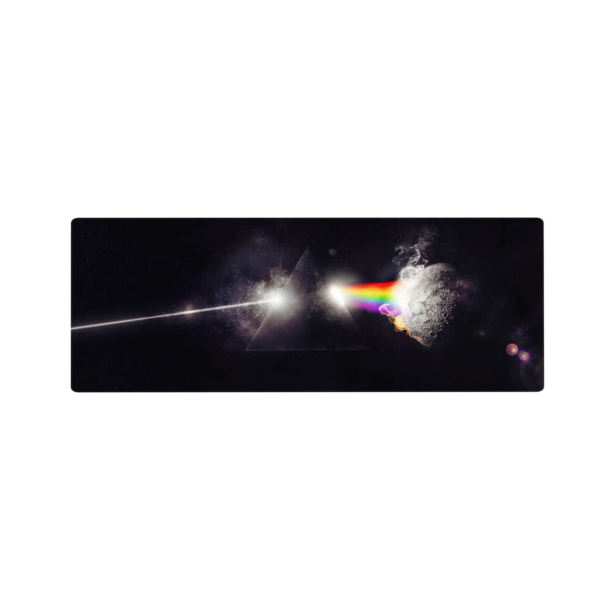 Space prism beam mouse pad 32x12 inches with black starfield, triangle silhouette, and cracked moon.