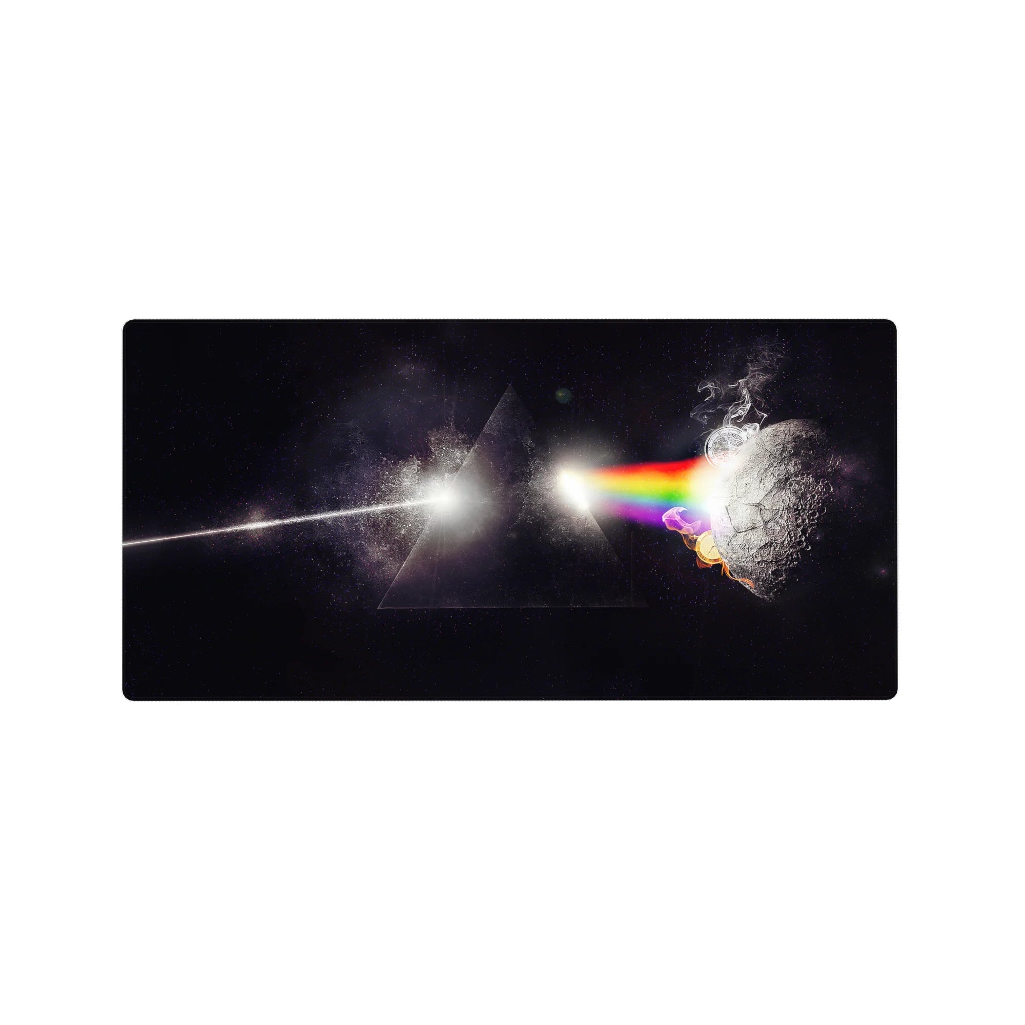 Space prism beam mouse pad 32x16 inches with black starlight, triangle silhouette, and cracked moon.