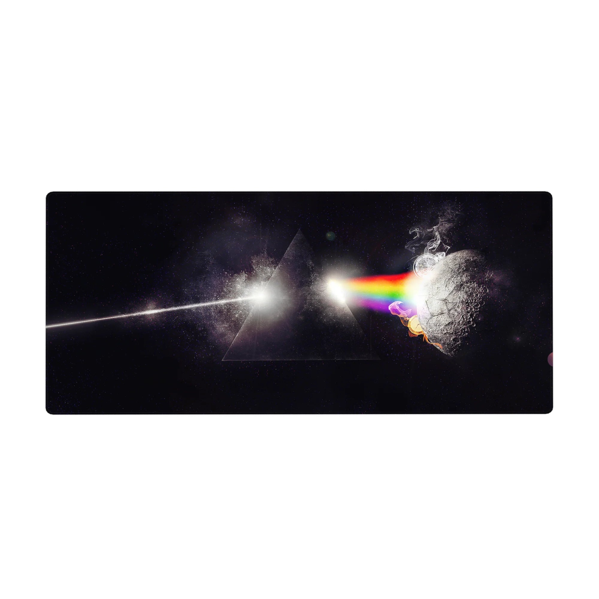 Black space desk pad 36x16 inches with prism beam, shadow triangle, cracked moon, and rainbow bands.
