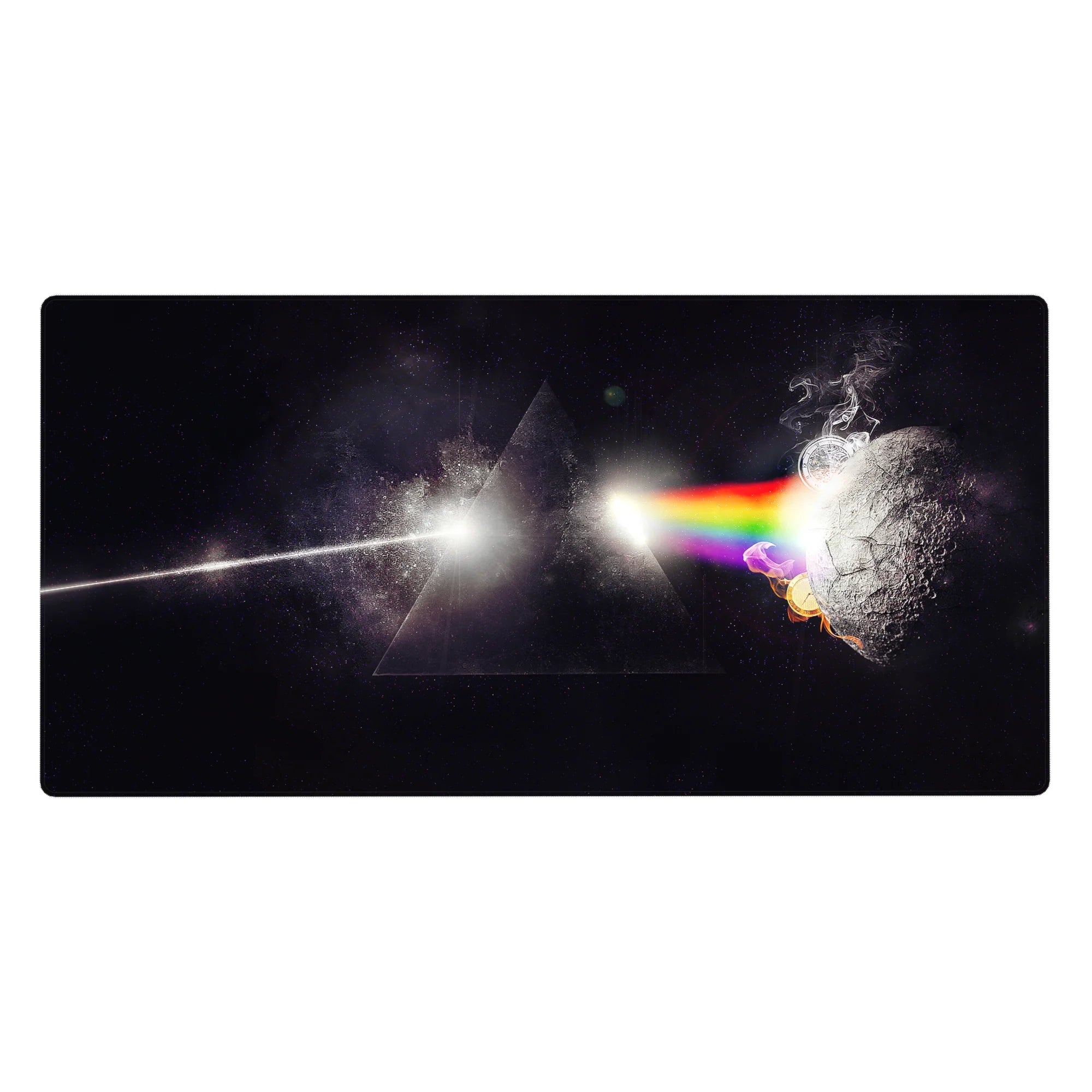 Space prism beam and triangle moon sci-fi desk pad 40x20 inches with black starfield background.