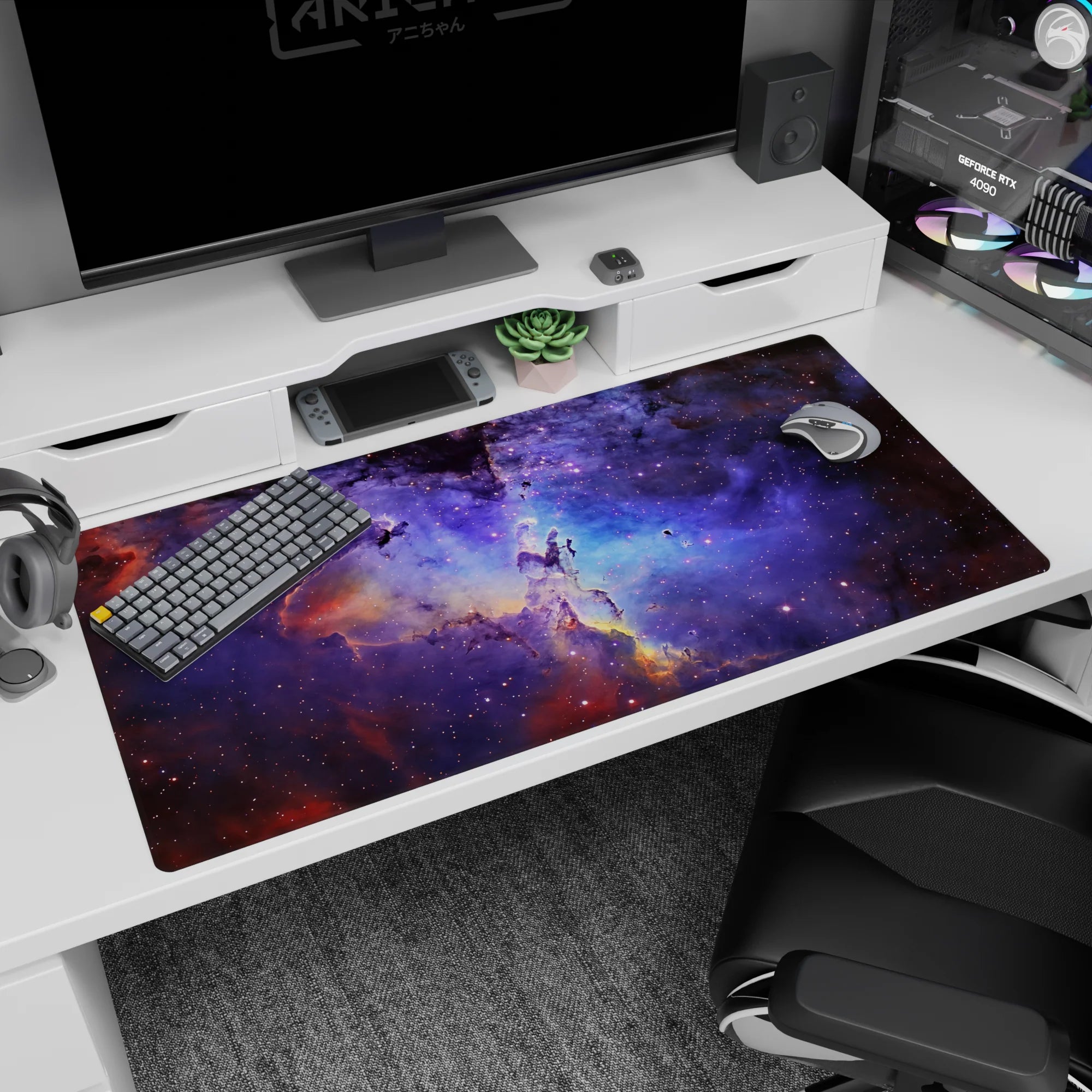 Starry night sky scene desk pad 40x20 inches with tiny stars and drifting cloudlike nebula.