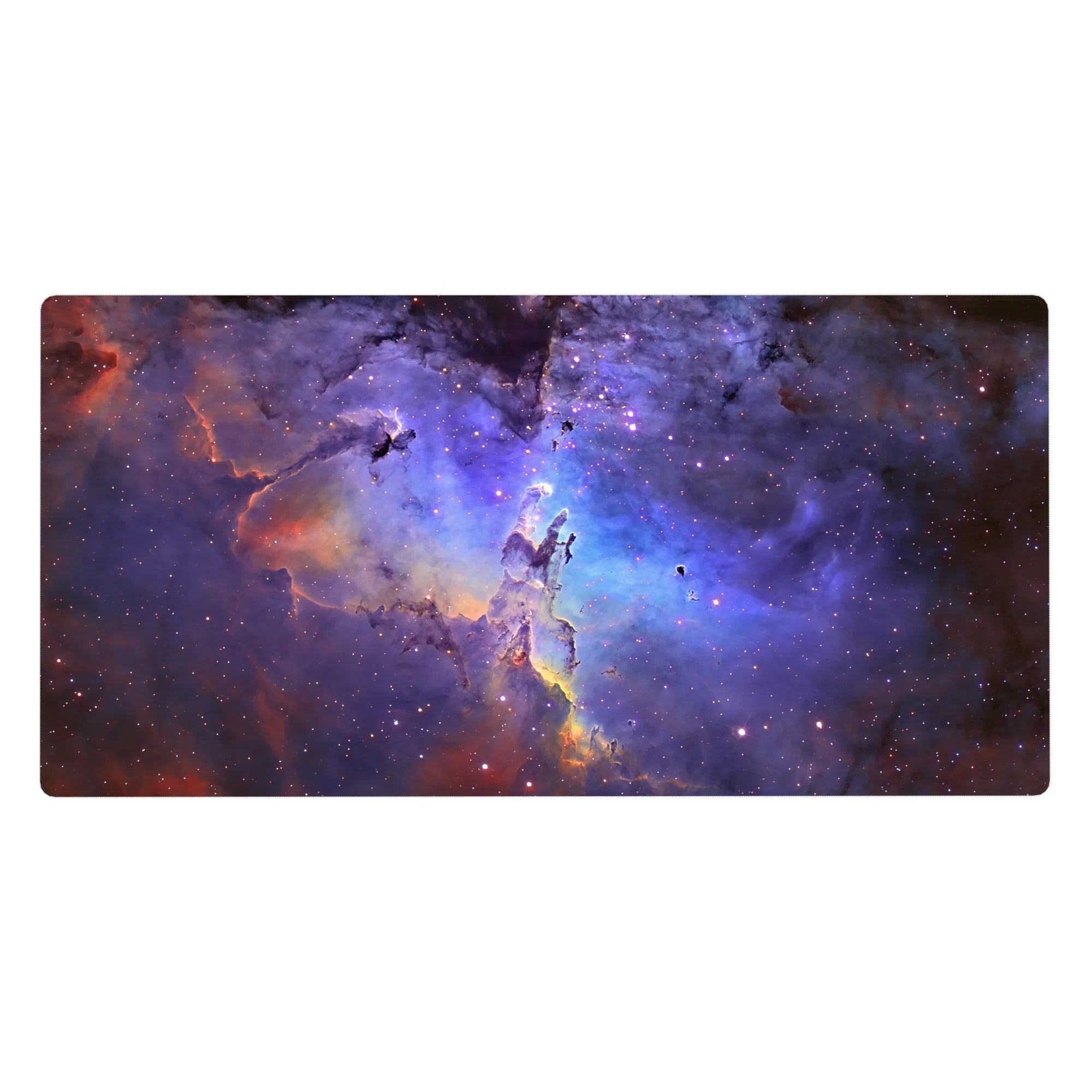 Galaxy swirl desk pad 40x20 inches with star-speckled pattern for keyboard and mouse.